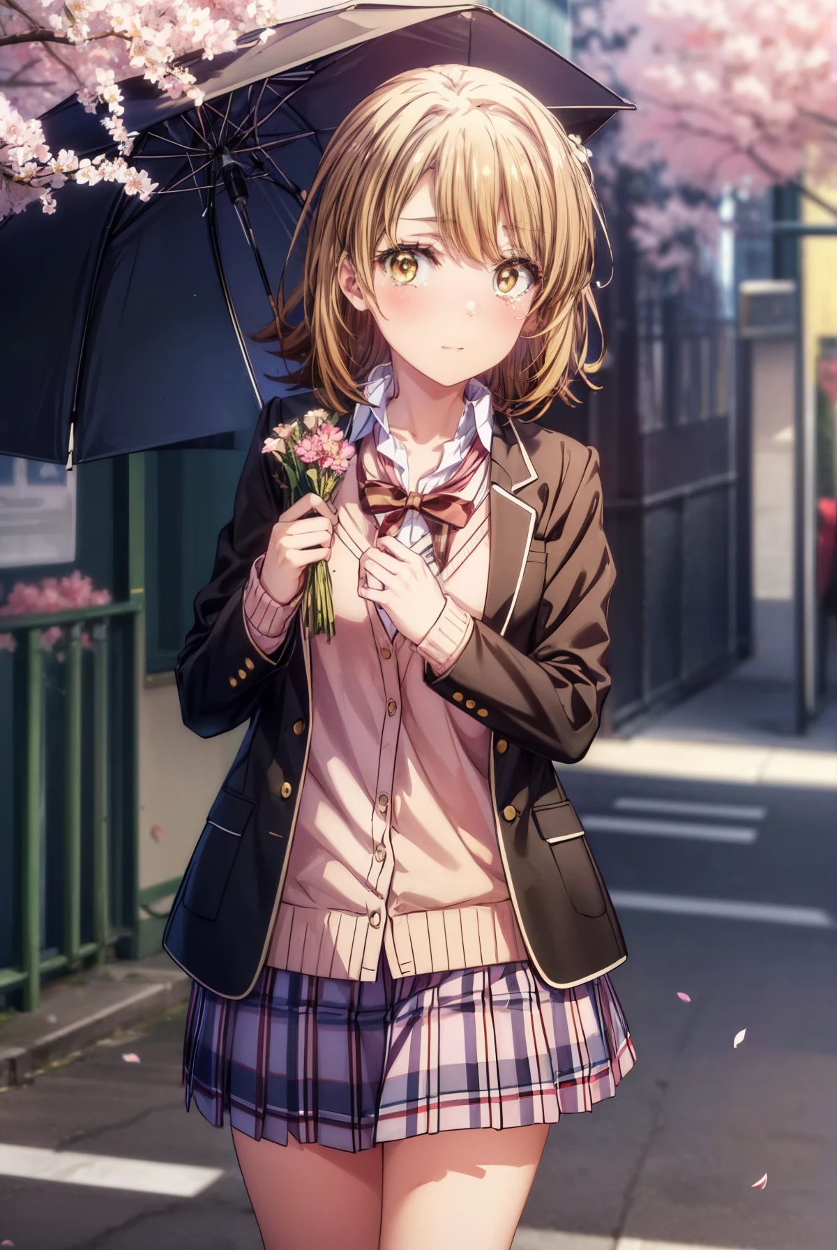 irohaisshiki, iroha isshiki, short hair, brown hair, (brown eyes:1.5), smile,blush,tears run down her face,Crying with joy,In his right hand he holds a bouquet containing many flowers.,left hand holds a barrel,Cherry blossoms are scattered,
break skirt, shirt, ribbon, school uniform, Jacket, white shirt, closed clothes, socks, open Jacket, black Jacket, plaid,, plaid skirt, blazer, cardigan, black socks, pink cardigan, sobu high school uniform,graduation ceremony,brown loafers,
break outdoors, In front of the school Cherry blossom trees,
break looking at viewer,(cowboy shot:1. 5)
break (masterpiece:1.2), highest quality, High resolution, unity 8k wallpaper, (figure:0.8), (detailed and beautiful eyes:1.6), highly detailed face, perfect lighting, Very detailed CG, (perfect hands, perfect anatomy),