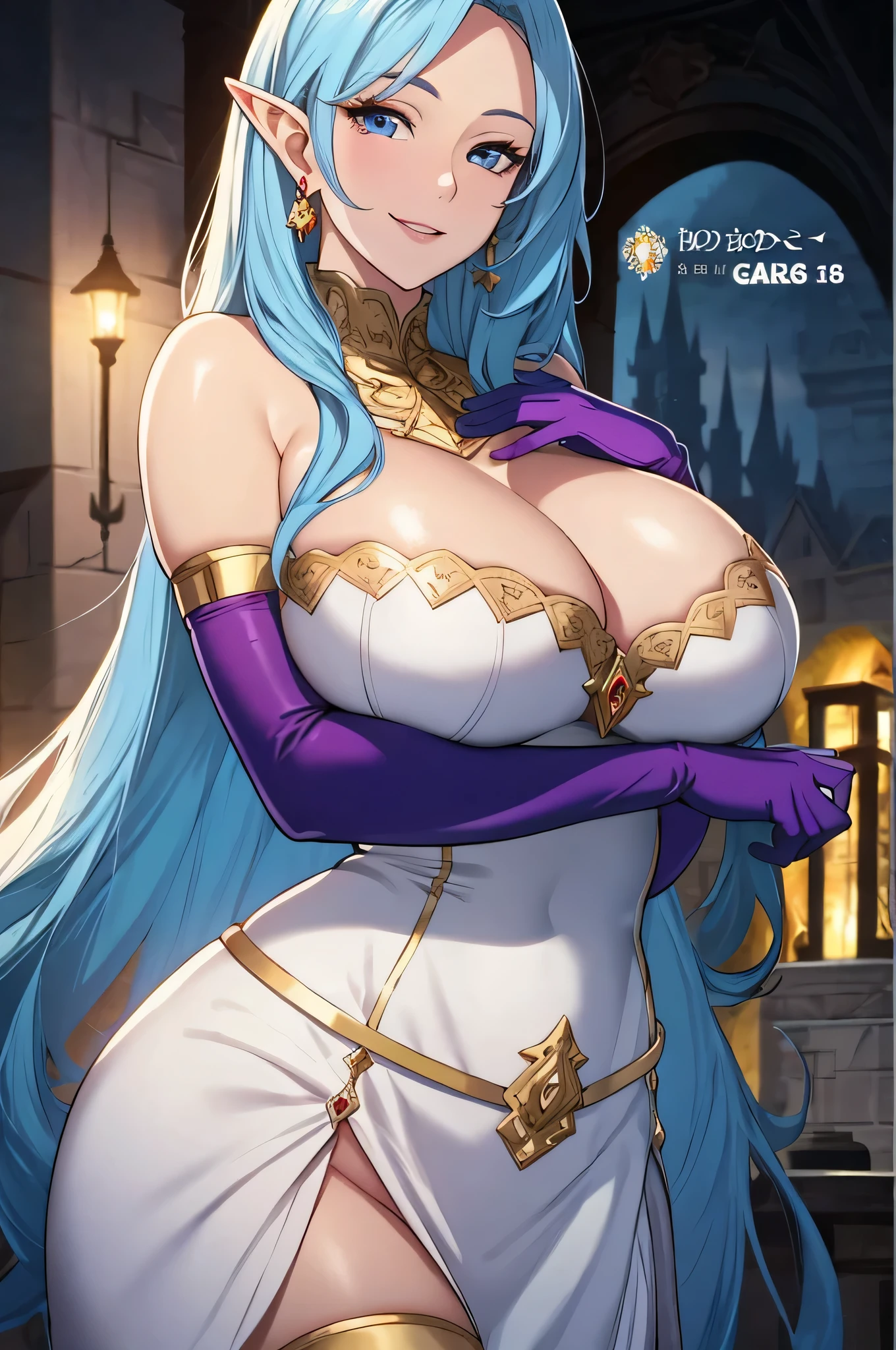 Lian, light blue hair, long elf ears, hair stick, bangs, blue eyes, solo, smiling, standing, upper body, hips, bare shoulders,purple thighhighs, white dress, gold jewelry,armor,gloves,circlet, cleavage, red and gold royal castle, gigantic breasts, (best quality, masterpiece, beautiful and aesthetic:1.2, highest detailed face, perfect face,)  eyes, perfect face,expressive eyes,
looking at viewer, in the center of the image,(Upper_body),(Focus on her face),
official art,extremely detailed CG unity 8k wallpaper, perfect lighting,Colorful, Bright_Front_face_Lighting,shiny skin, 
(masterpiece:1.0),(best_quality:1.0), ultra high res,4K,ultra-detailed
