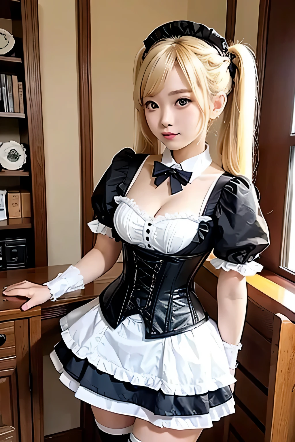 blonde twintails、beautiful maid、wearing a corset、whole body、mini skirt
