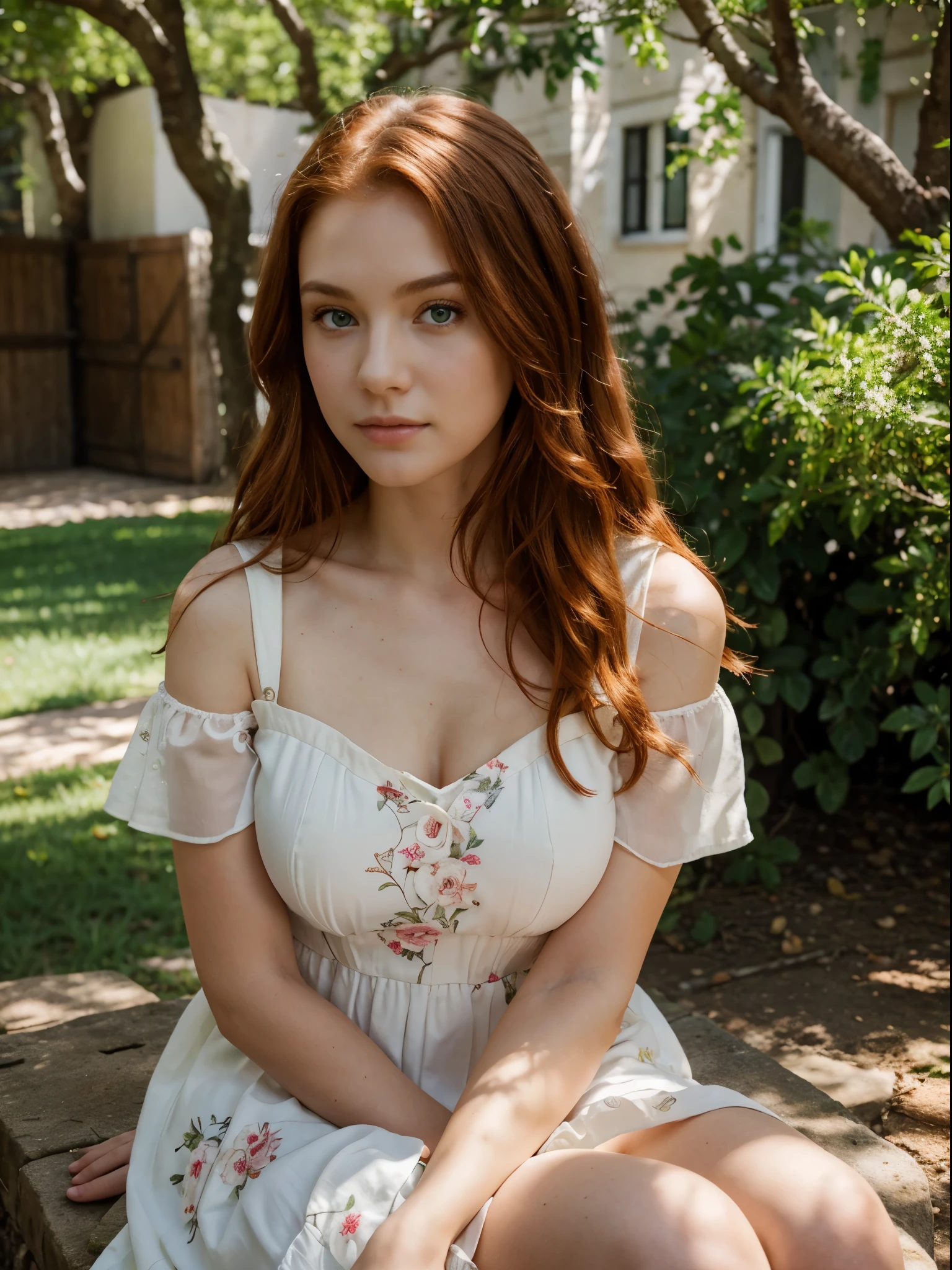 photograph, natural lighting, a beautiful woman around 20 years old with wavy red hair and green eyes, wearing a white floral dress, sitting under a tree, sharp focus, 8k, hdr, masterpiece, highest quality --ar 3:2

