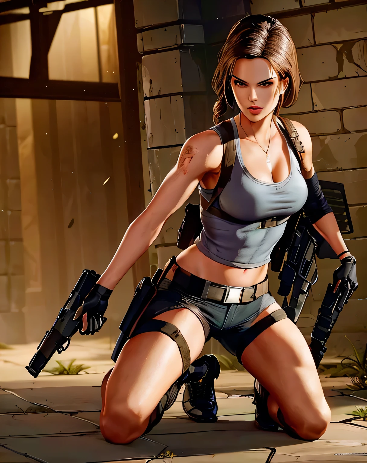 A woman holding a gun and wearing a helmet is kneeling, Lara Croft, megan fox as Lara Croft, Lara Croft as spiderwoman, Lara Croft medieval, Lara Croft relaxing, emma watson as Lara Croft, portrait of Lara Croft, Tomb Raider beautiful, Tomb Raider, Metal Gear Solid is quiet., Jessica Black, sexy movie pictures, Lara Croft eating durian