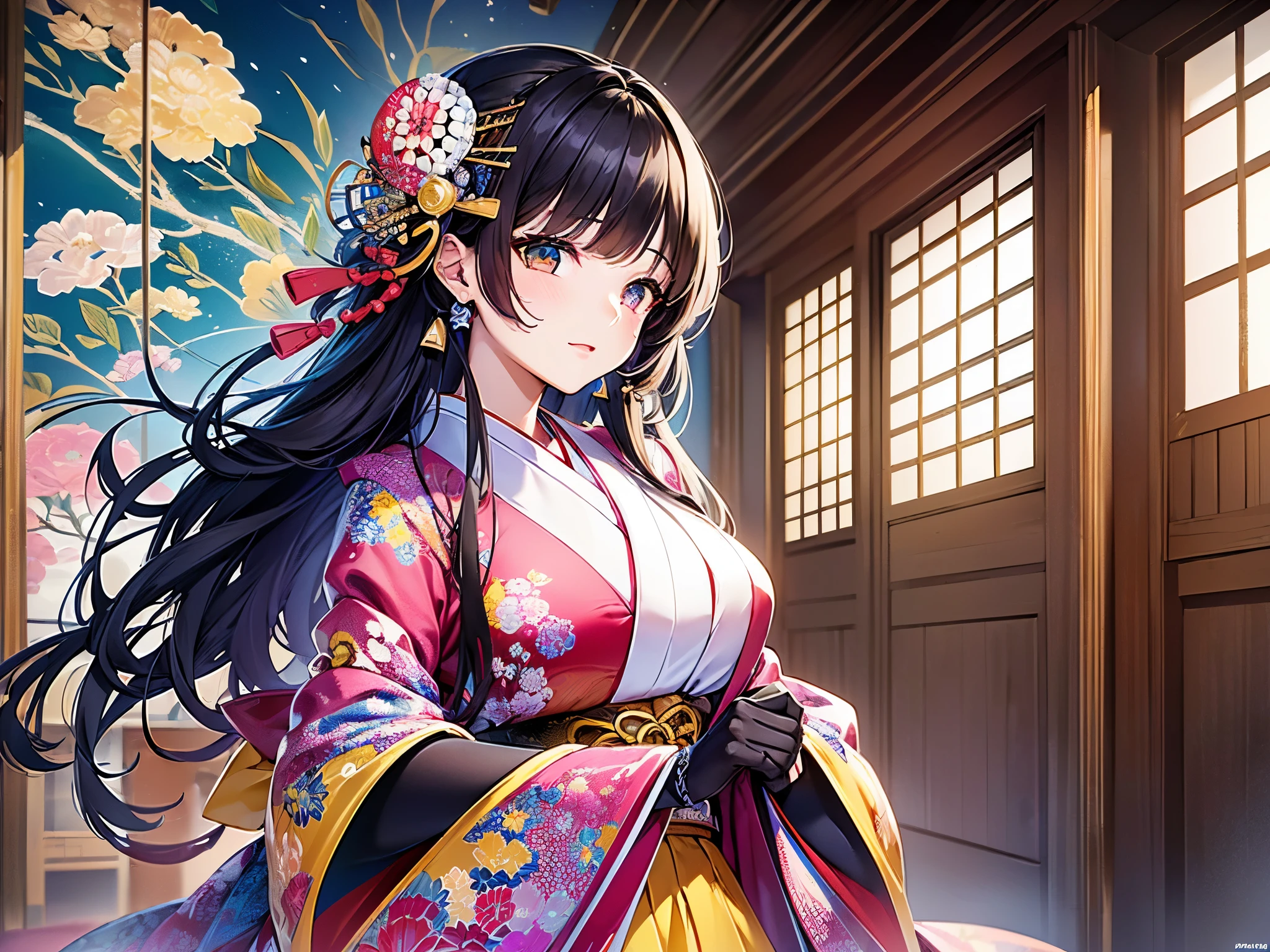 ((highest quality)),(ultra high resolution),(Super detailed),(detailed description),((best CG)),(best work of art),super precision art,amazing drawing art,(Art with precise details:1.5), (1 woman:1.8),(Brightly colored Japanese clothes depicted in precise detail:1.8),calm expression:1.5, vast wisteria trellis:1.8,Sparkling water:1.4, Birdsong:1.4