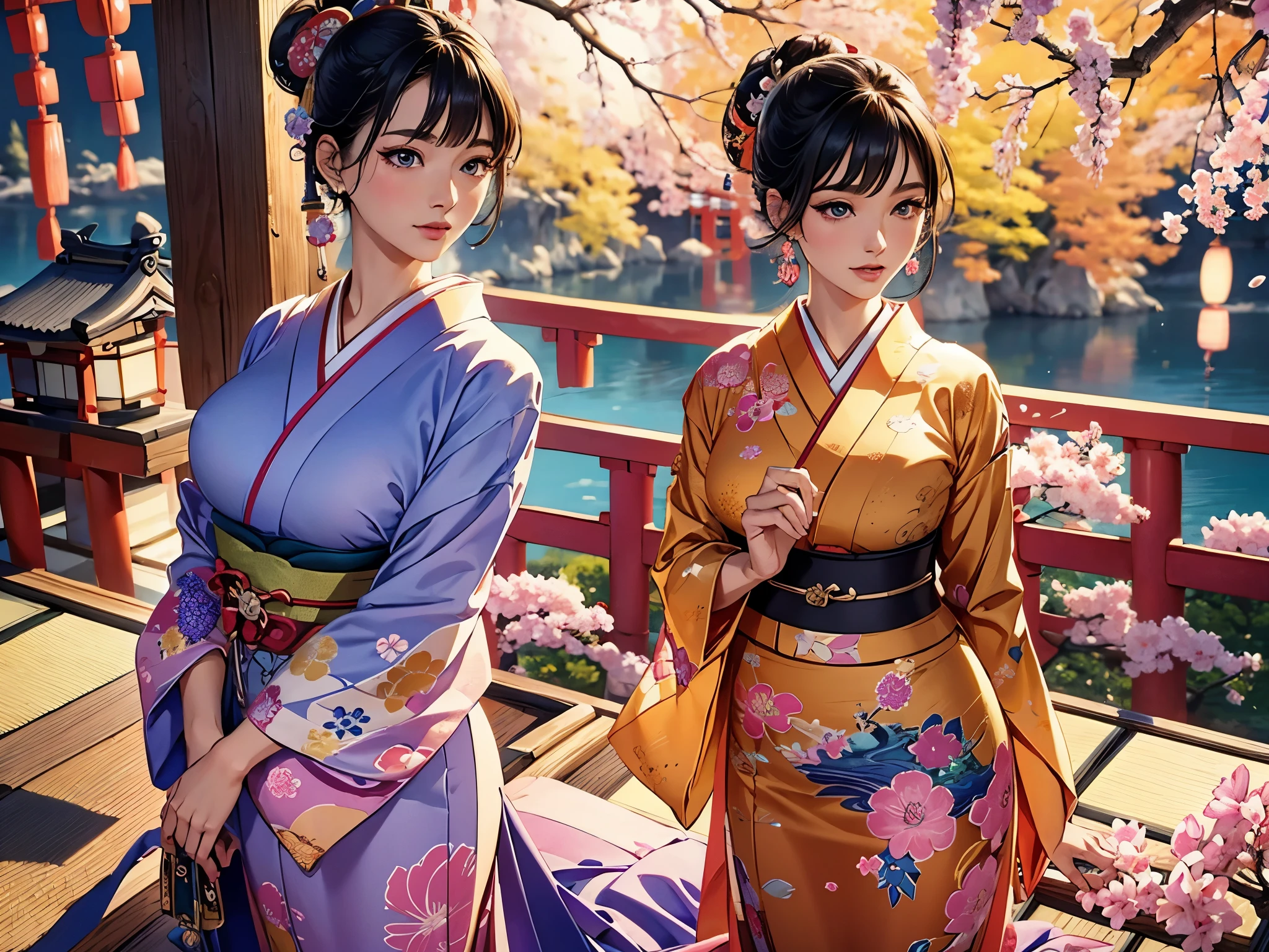 ((highest quality)),(ultra high resolution),(Super detailed),(detailed description),((best CG)),(best work of art),super precision art,amazing drawing art,(Art with precise details:1.5), (1 woman:1.8),(Brightly colored Japanese clothes depicted in precise detail:1.8),calm expression:1.5, vast wisteria trellis:1.8,Sparkling water:1.4, Birdsong:1.4