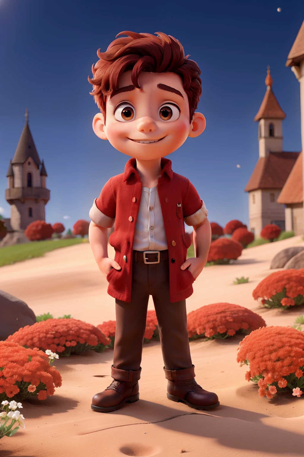 petit prince prendre une belle fleur rouge assois sur la planete