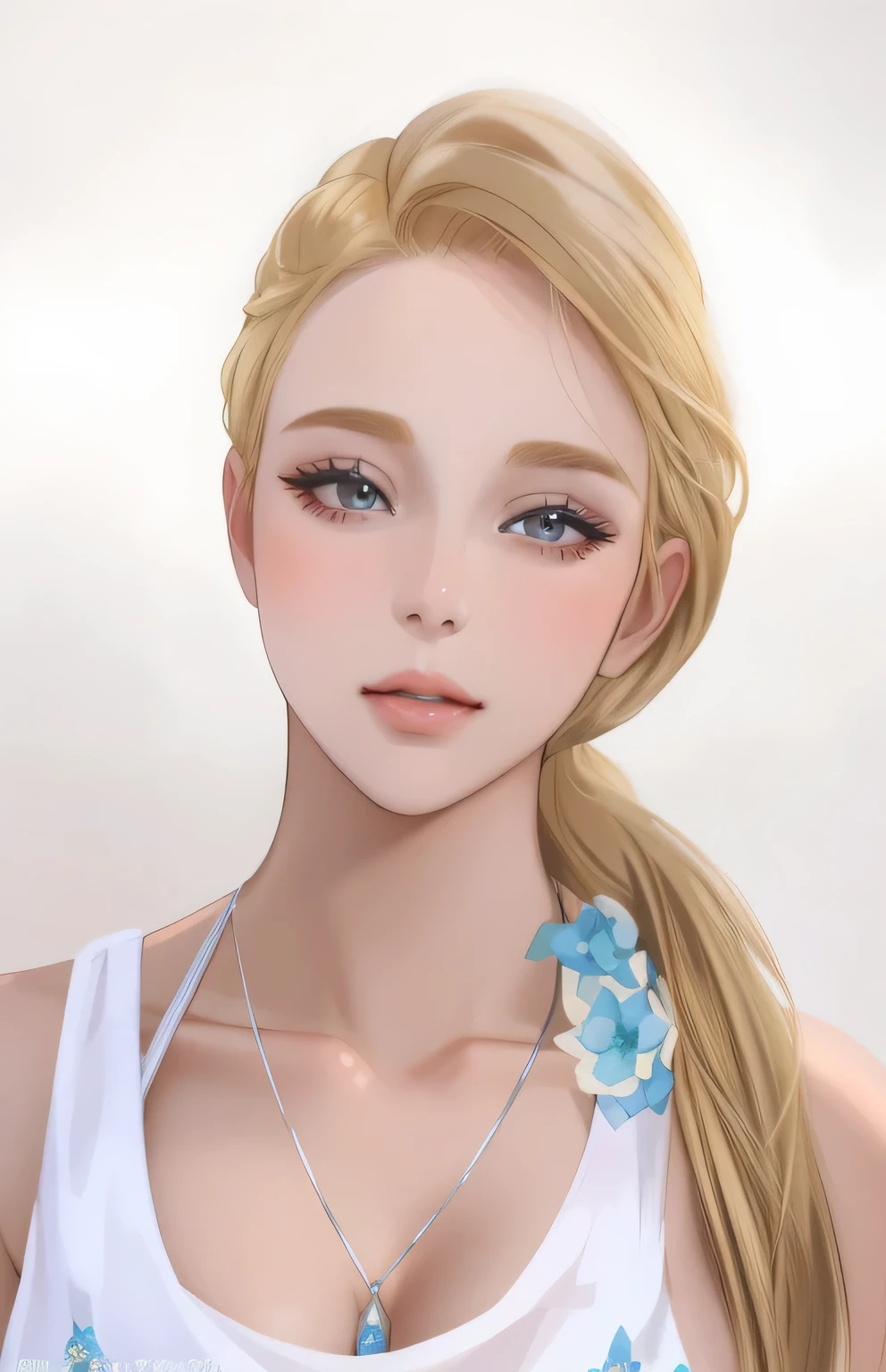 blond woman with a blue necklace and flower in her hair, stunning closeup headshot, soft portrait shot 8 k, blonde and attractive features, closeup headshot, closeup headshot portrait, cute young woman, beautiful female model, attractive beautiful face, blonde hair and large eyes, headshot portrait, attractive female face, close up portrait photo, beautiful face and flawless skin, 60mm portrait