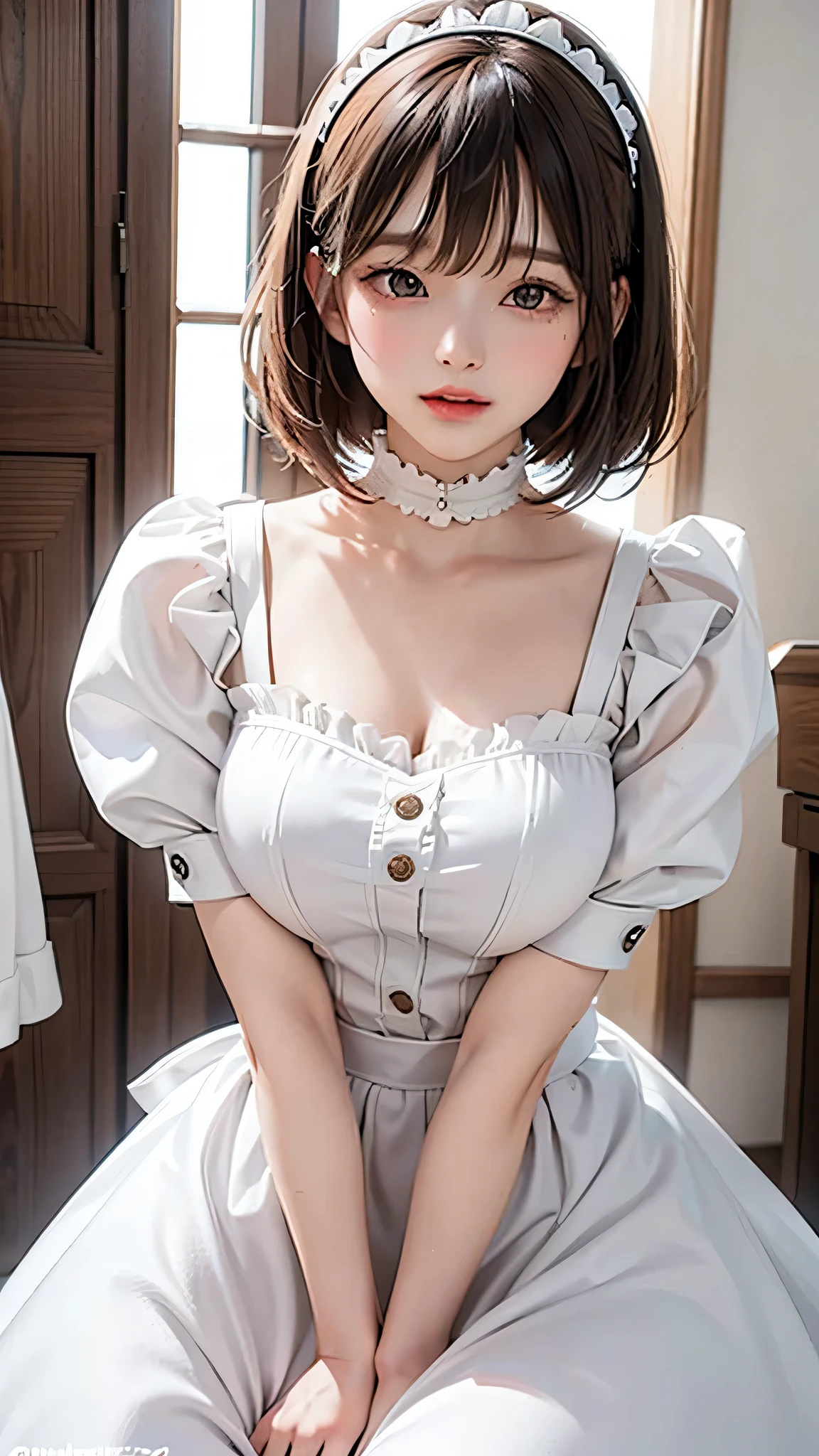 Beautiful white and shining skin、Chestnut hair that changes depending on the light、Long bangs between the eyes that obstruct the view、Cheek gloss highlights、Sexy and very beautiful nice gorgeous face、the most beautiful face in the world、short bob、Smooth straight hair、medium breasts、Big and bright eyes、beautiful bangs、Beautiful and beautiful woman、small face beauty、headdress、white blouse、black ribbon、puff sleeves、collar、choker、white apron with fine frills、black maid costume、Upper body、