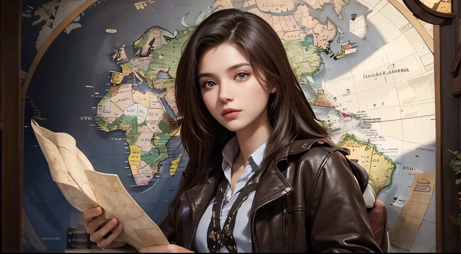 A beautiful woman. Twenty years old. Dark brown hair. modern clothing. In her background, there is an old map that shows the locations of lost civilizations.