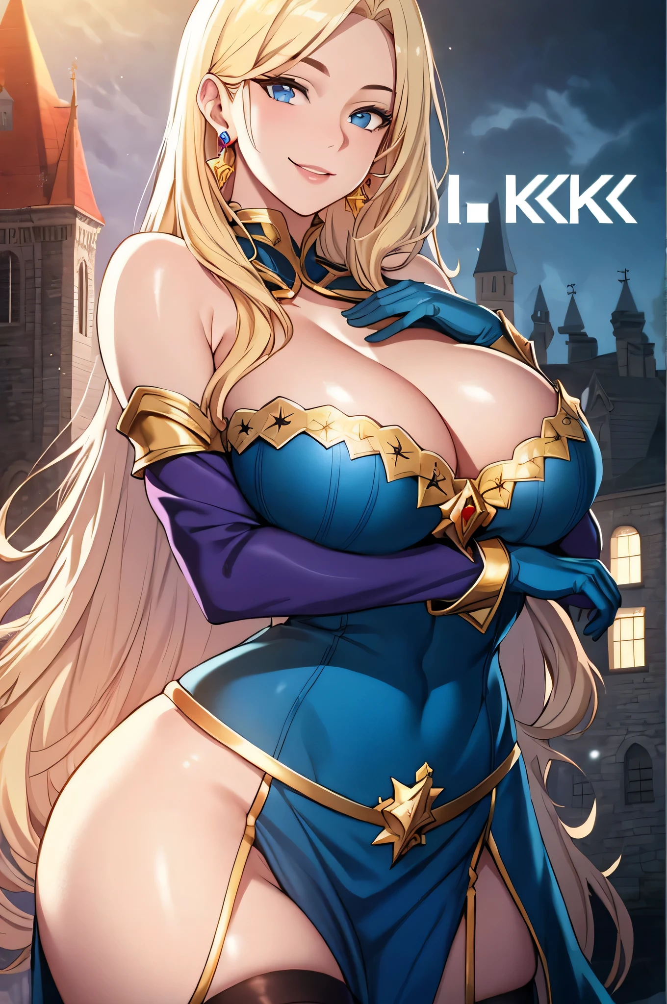 Lian, long blonde hair, hair stick, bangs, blue eyes, solo, smiling, standing, upper body, hips, bare shoulders,purple thighhighs, blue dress, gold jewelry,armor,gloves,circlet, cleavage, red and gold royal castle, gigantic breasts, (best quality, masterpiece, beautiful and aesthetic:1.2, highest detailed face, perfect face,)  eyes, perfect face,expressive eyes,
looking at viewer, in the center of the image,(Upper_body),(Focus on her face),
official art,extremely detailed CG unity 8k wallpaper, perfect lighting,Colorful, Bright_Front_face_Lighting,shiny skin, 
(masterpiece:1.0),(best_quality:1.0), ultra high res,4K,ultra-detailed
