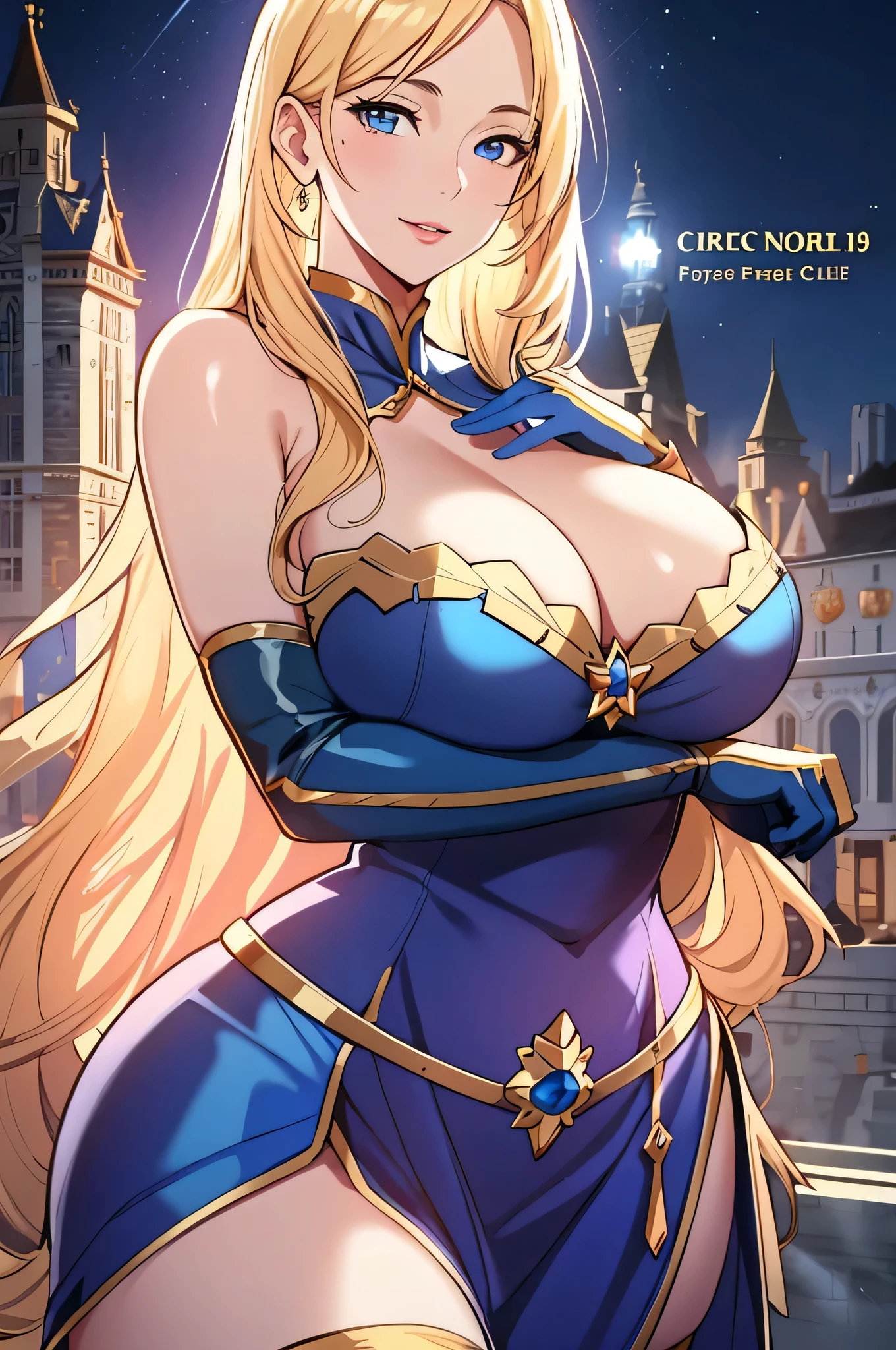 Lian, long blonde hair, hair stick, bangs, blue eyes, solo, smiling, standing, upper body, hips, bare shoulders,purple thighhighs, blue dress, gold jewelry,armor,gloves,circlet, cleavage, red and gold royal castle, gigantic breasts, (best quality, masterpiece, beautiful and aesthetic:1.2, highest detailed face, perfect face,)  eyes, perfect face,expressive eyes,
looking at viewer, in the center of the image,(Upper_body),(Focus on her face),
official art,extremely detailed CG unity 8k wallpaper, perfect lighting,Colorful, Bright_Front_face_Lighting,shiny skin, 
(masterpiece:1.0),(best_quality:1.0), ultra high res,4K,ultra-detailed
