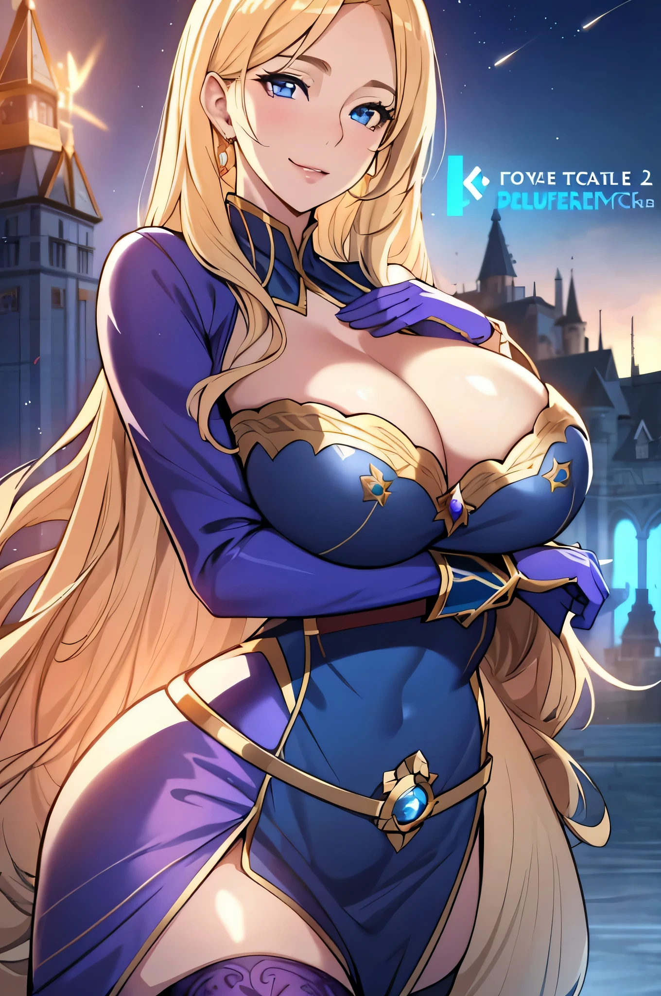 Lian, long blonde hair, hair stick, bangs, blue eyes, solo, smiling, standing, upper body, hips, bare shoulders,purple thighhighs, blue dress, gold jewelry,armor,gloves,circlet, cleavage, red and gold royal castle, gigantic breasts, (best quality, masterpiece, beautiful and aesthetic:1.2, highest detailed face, perfect face,)  eyes, perfect face,expressive eyes,
looking at viewer, in the center of the image,(Upper_body),(Focus on her face),
official art,extremely detailed CG unity 8k wallpaper, perfect lighting,Colorful, Bright_Front_face_Lighting,shiny skin, 
(masterpiece:1.0),(best_quality:1.0), ultra high res,4K,ultra-detailed
