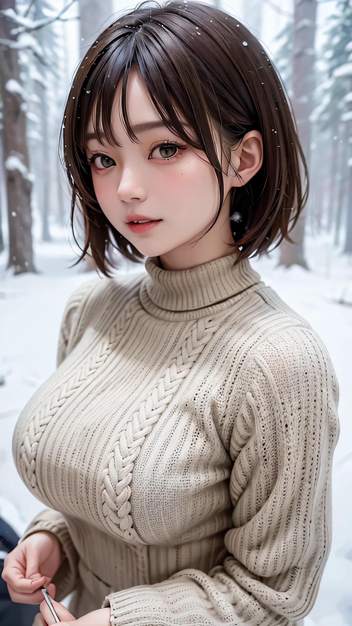 in the snowy forest, japanese girl, wniter knit sweater, snowing, pupils sparkling, brown short hair, big breast, realistic Portrait, depth of field, f/1.8, anatomically correct, textured skin, super detail, high details, high quality, super detail, high details, high quality, best quality, highres
