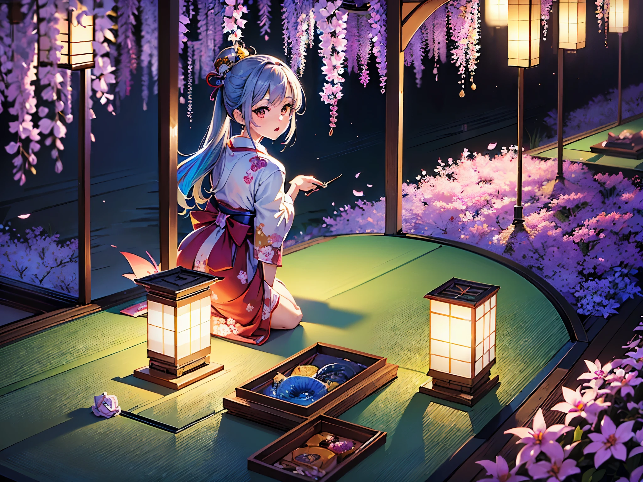 ((highest quality)),(ultra high resolution),(Super detailed),(detailed description),((best CG)),(best work of art),super precision art,amazing drawing art,(Art with precise details:1.5), (1 woman:1.8),(Brightly colored Japanese clothes depicted in precise detail:1.8),calm expression:1.5, vast wisteria trellis:1.8,Sparkling water:1.4, Birdsong:1.4