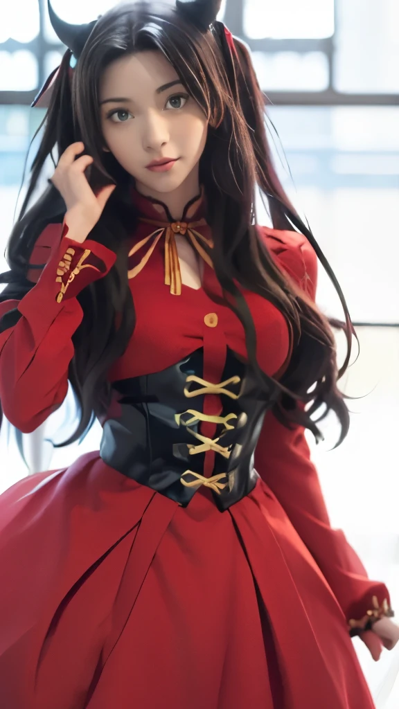 a woman in a red dress with horns and a black cat ears, rin tohsaka, anime girl with long hair, gothic maiden anime girl, anime style like fate/stay night, royal attire akira, from girls frontline, female anime character, full body xianxia, cute anime waifu in a nice dress, anime girl wearing a black dress