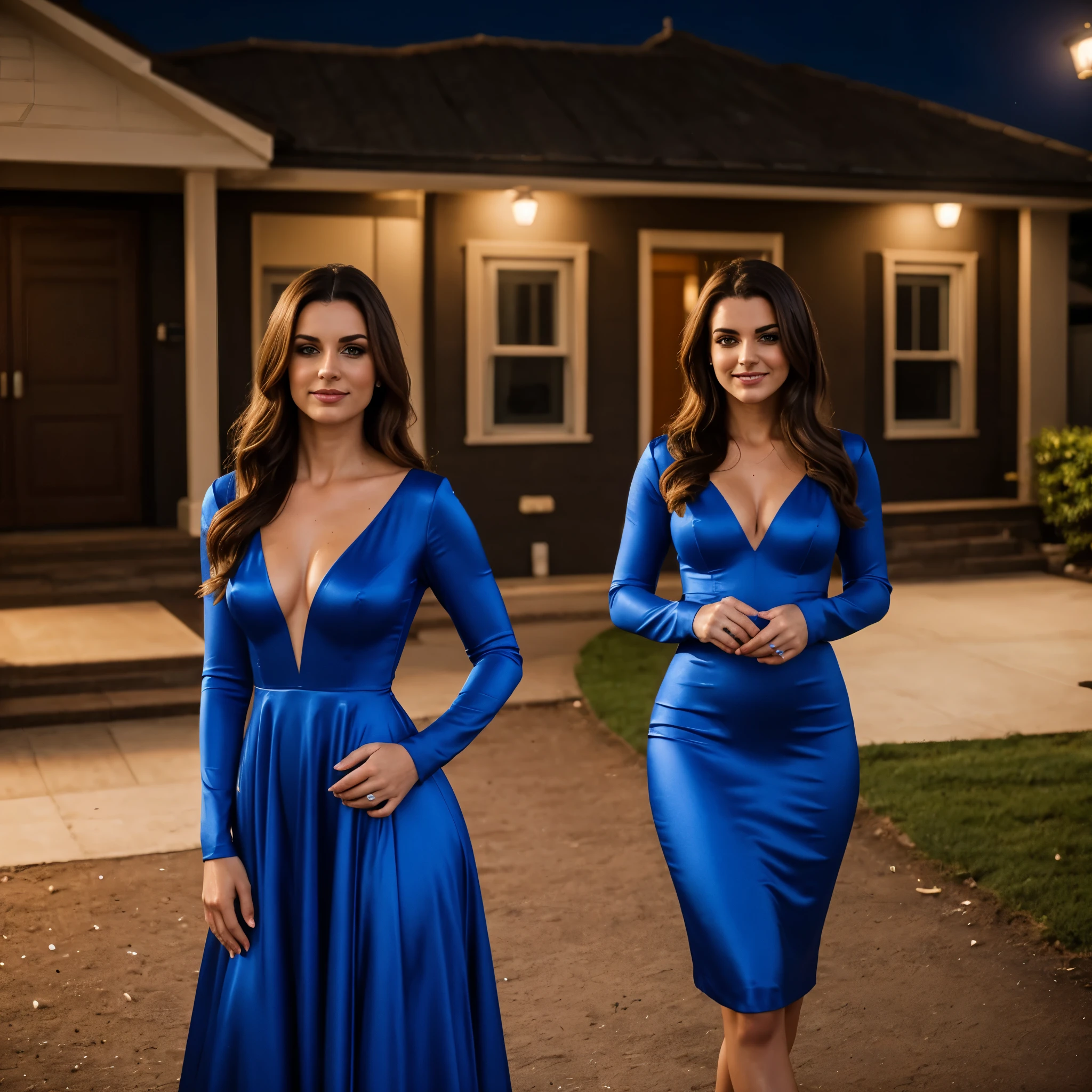 camera inside house looking out at front yard, street in background, well lit Picture of front yard at evening, standing on sidewalk are two beautiful Irish women, happy, excited, young, Iraqi women, full body, hands on hips, beautiful eyes, pretty faces, detailed eyes, perfect eyes, very long flowing hair, (tight, royal blue satin billowing ball gown dress with long sleeves), smiling, looking into camera, twilight lighting, ,photo realistic,realistic