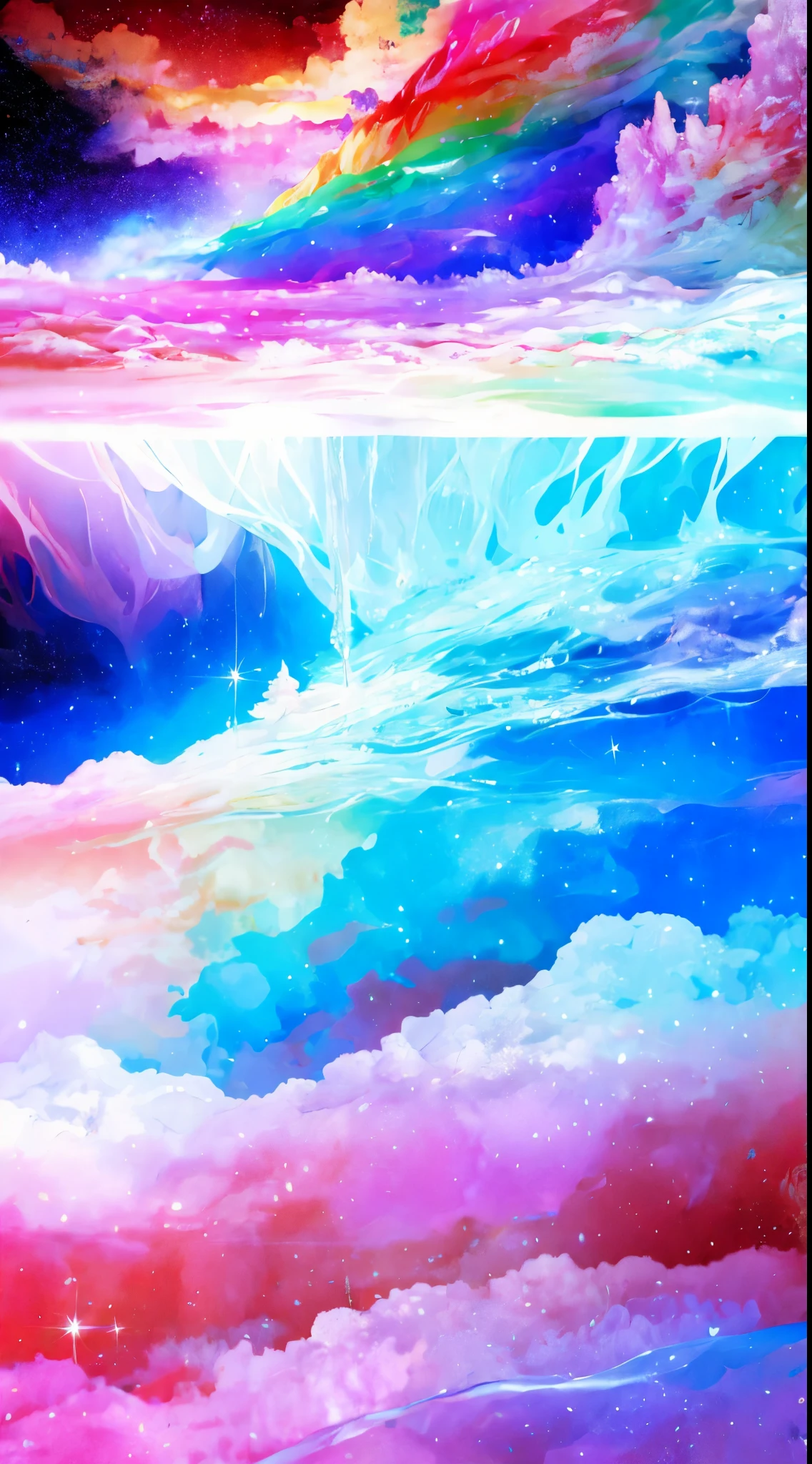 mountains，A dreamlike realm，light white and light red，The atmosphere is very good，wave. 3d. rainbow colors. The melting beauty of the universe. Surrealism in Nebula Reflections. glass texture，Translucent，crystal