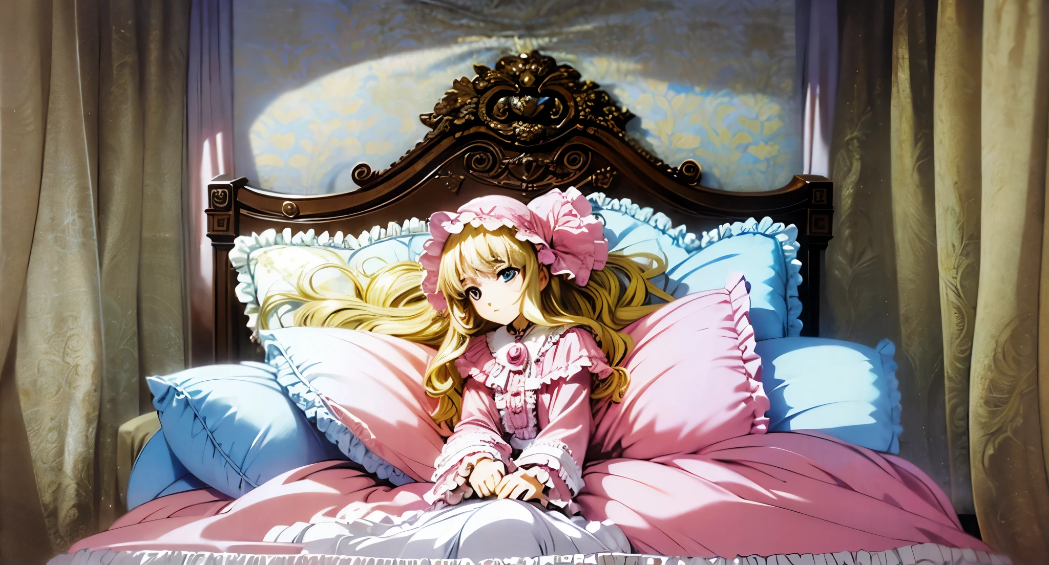 ,highest quality, masterpiece, highest resolution, artwork, super それにget used to it, many get used to it, get used to it, それにget used to it, 3K anime illustration,(( 10 year old girl)),Super detailed baby face,high quality small face,long blonde hair that grows to the waist,blue eyes,白い肌のeuropean,pajamas, european,(((super long blonde hair))),curly hair,blue eyes,((((ピンクのロリータファッションのlong skirtのワンピースドレス)))),((Pink dress with lots of frills and ribbons)),((Luxurious headdress with frills and ribbons)),detailed headdress,,(((big yoke collar))),Yoke collar with ruffles and ribbons,((((long sleeve)))),ruffle sleeves,((((long skirt)))),white ruffle and lace socks,large frill and ribbon pillow,(((Nice pink outfit))),豪華なcanopy bedの上,canopy bed,The bed is surrounded by luxurious curtains,many frilly pillows on the bed,Behind the girl are many pink frilly pillows,super detailed background,detailed bed,soft pink comforter,Highly detailed soft ruffle pillow,Beautiful girl illustration,detailed beautiful face,fine hair,detailed eye ,detailed eyes,detailed mouth, arm details,fine hands,Detailed pillow,wide bed,Illustration on the bed, ,((((round futon)))),((((A large ruffled futon that covers the entire bed)))),detailed comforter,detailed bedシーツ,Before bedtime,romantic atmosphere,palace bedroom,((((The lower half of the body is hidden under the futon and the puffy skirt....)))) The girl is leaning on a pile of pillows, ,((((round futon)))),((((A large ruffled futon that covers the entire bed)))),
