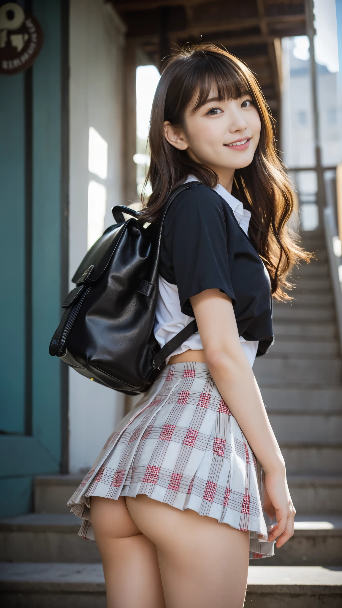 High school girl standing on the school stairs,short sleeve white blouse,Very short red plaid miniskirt:1.2,18-year-old,bangs,a little smile,thighs,knees,from below,random pose,pretty girl,slender girl,white ,Short-cut blonde,short side waves,carrying a black backpack、buttockposed a lot、buttocks half e