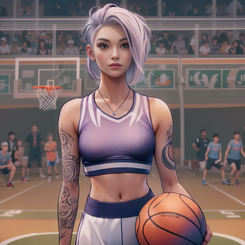 Halftone illustration of a sporty woman with purple and blonde two-tone hair, medium perky breasts, standing solo on a basketball court, holding a basketball, wearing a really short referee crop top shirt, sweatpants, and Adidas sneakers, bare midriff with visible navel and bottom of breast, hair covering one eye, urban sportswear, striped, tattoo, cool-toned lighting, detailed hair, best quality, highres, halftone, sporty, urban, athletic, dynamic, basketball court, detailed eyes, professional, atmospheric lighting, 16k, uhd