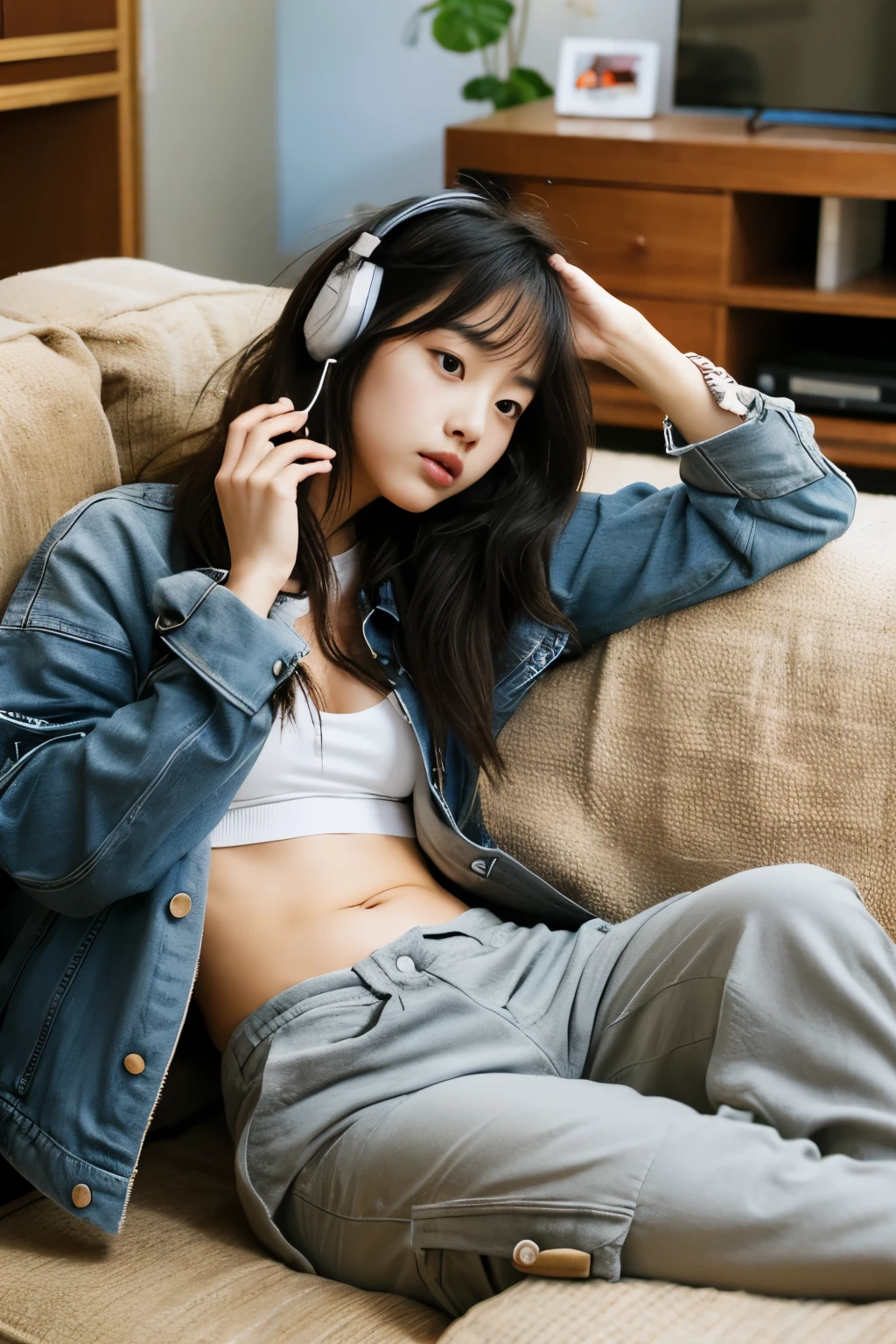 young japanese woman、messy hair, lost in my own world, listening to music on her headphones, leaning on the sofa in her living room, wearing cargo pants and a jacket, Surrounded by a chaotic living room background,
