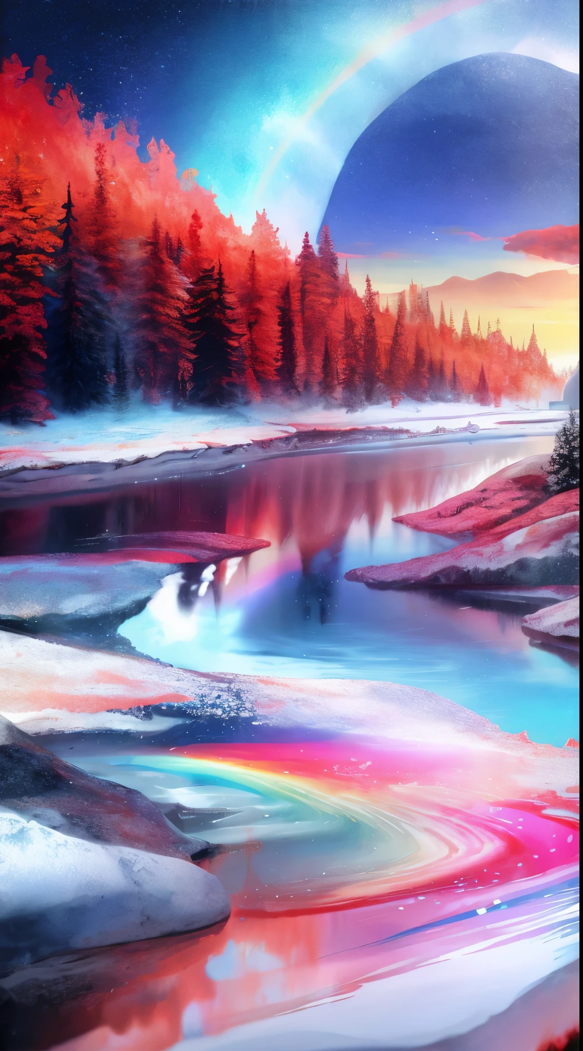 mountains,Mountain、river dreamlike realm,light white and light red,The atmosphere is very good,wave. 3d. rainbow colors. The melting beauty of the universe. Surrealism in Nebula Reflections. glass texture,Translucent,crystal
