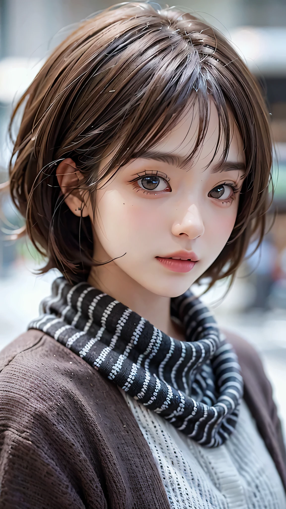 in the snowy forest, japanese girl, wniter knit sweater, snowing, pupils sparkling, brown short hair, middle breast, realistic Portrait, depth of field, f/1.8, anatomically correct, textured skin, super detail, high details, high quality, super detail, high details, high quality, best quality, highres