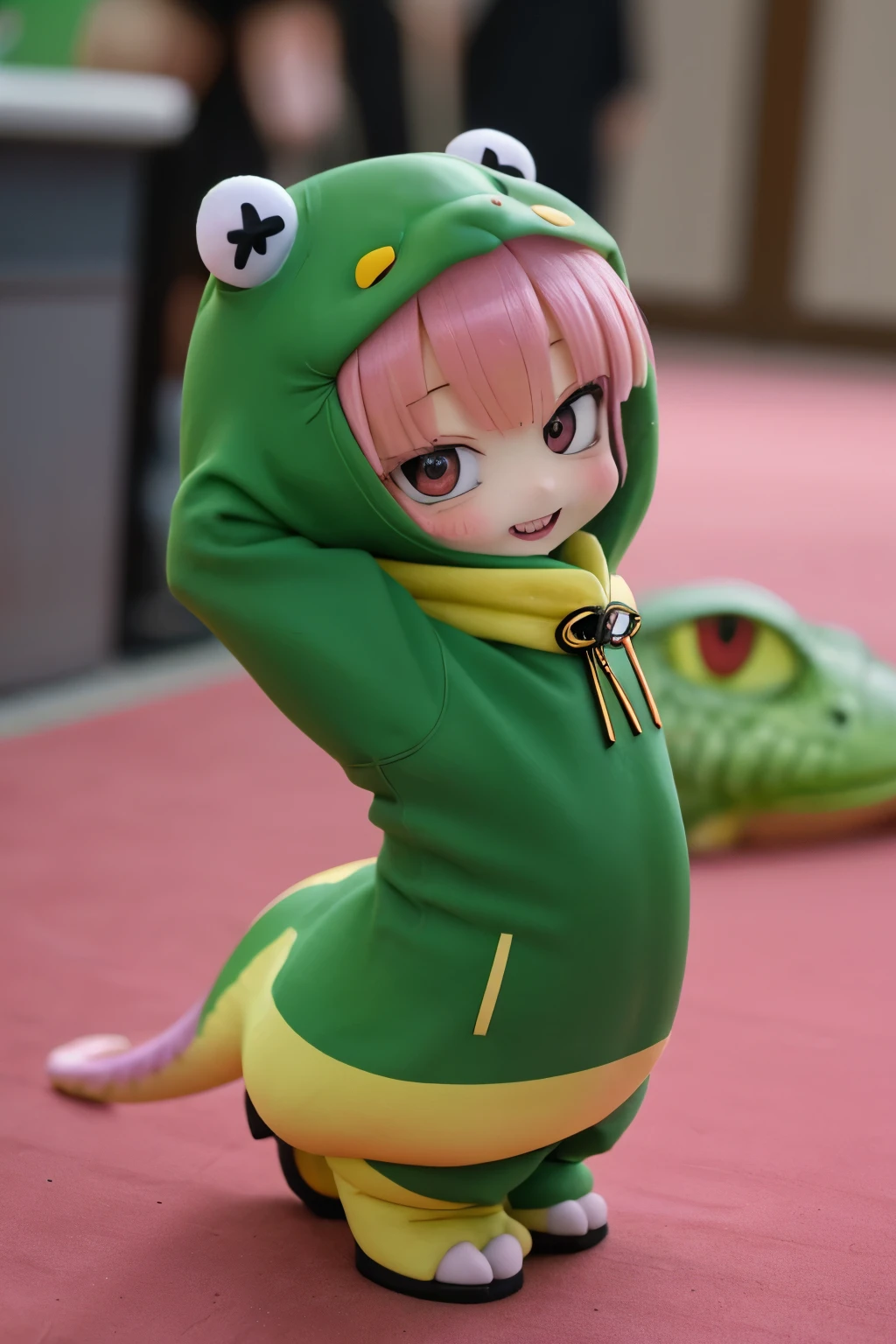anime、Chibi girl wearing a deformed lizard costume、cute pose、Take a photo from the side、laughter