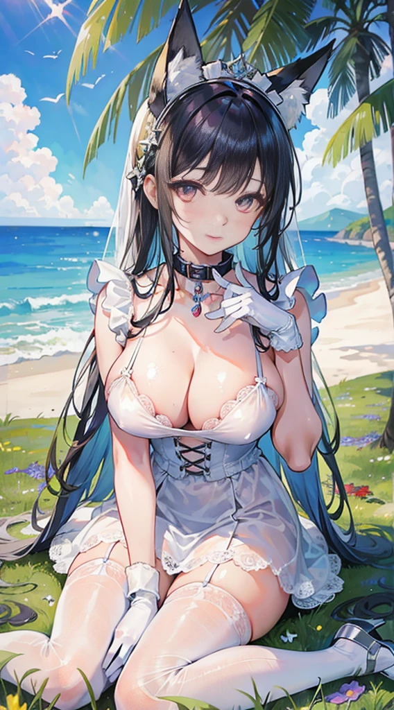 high quality, masterpiece, Super detailed, 1 girl, Extremely detailed faces, Christmas white lace latex bikini,white gloves,white stockings,,Maid tiara,BDSM,handcuffs,collar,calm expression,Smile,handcuffs,collar,long black hair, charming pink eyes, fox ears, Ridiculously big, shiny skin, Sitting on a sea of flowers,Bright sea of flowers,grassland,seaside