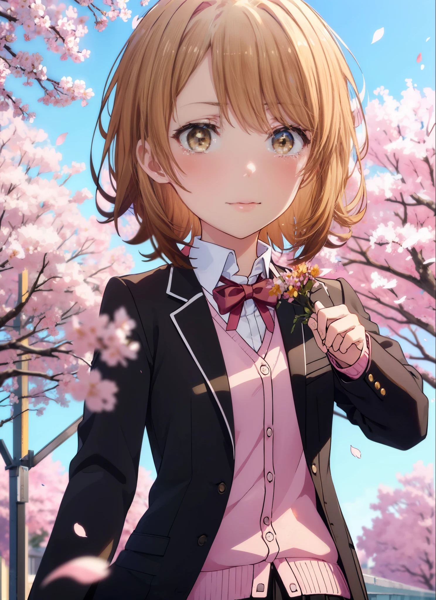 irohaisshiki, iroha isshiki, short hair, brown hair, (brown eyes:1.5), smile,blush,tears run down her face,Crying with joy,In his right hand he holds a bouquet containing many flowers.,left hand holds a barrel,Cherry blossoms are scattered,
break skirt, shirt, ribbon, school uniform, Jacket, white shirt, closed clothes, socks, open Jacket, black Jacket, plaid,, plaid skirt, blazer, cardigan, black socks, pink cardigan, sobu high school uniform,graduation ceremony,brown loafers,
break outdoors, In front of the school　Cherry blossom trees,
break looking at viewer,(cowboy shot:1. 5)
break (masterpiece:1.2), highest quality, High resolution, unity 8k wallpaper, (figure:0.8), (detailed and beautiful eyes:1.6), highly detailed face, perfect lighting, Very detailed CG, (perfect hands, perfect anatomy),