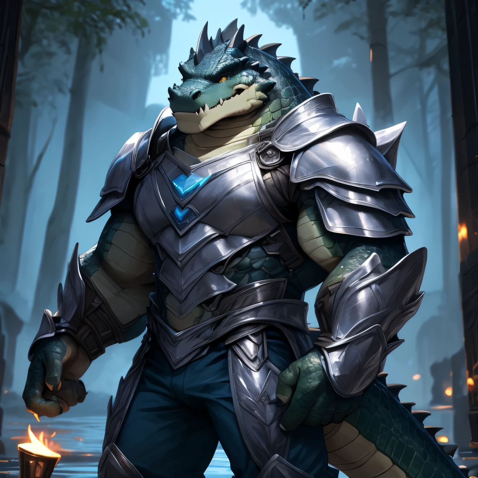 Muscular Deep BLUE Crocodile wearing Full silver armor in all body, HD, 4K, high resolution, Best quality, perfect colors, perfect shadow, perfect litthing, Alone, Males person, Correct Head Anatomy, Correct Anatomy, (Detailed Realistic scales, epic, tmasterpiece:1.2), (Detailed swamp background), shining Scales, smooth scales, perfect scales, detailed scales, Crocodile wearing a silver full armor, blue pants, Black shirt, Detailed silver armor, perfect pants,Persian scarf, Deep Blue Crocodile, torch lighting, night, Silver armor covering The entire chest, Silver armor arms, Deep blue scales color, hornless, no horns