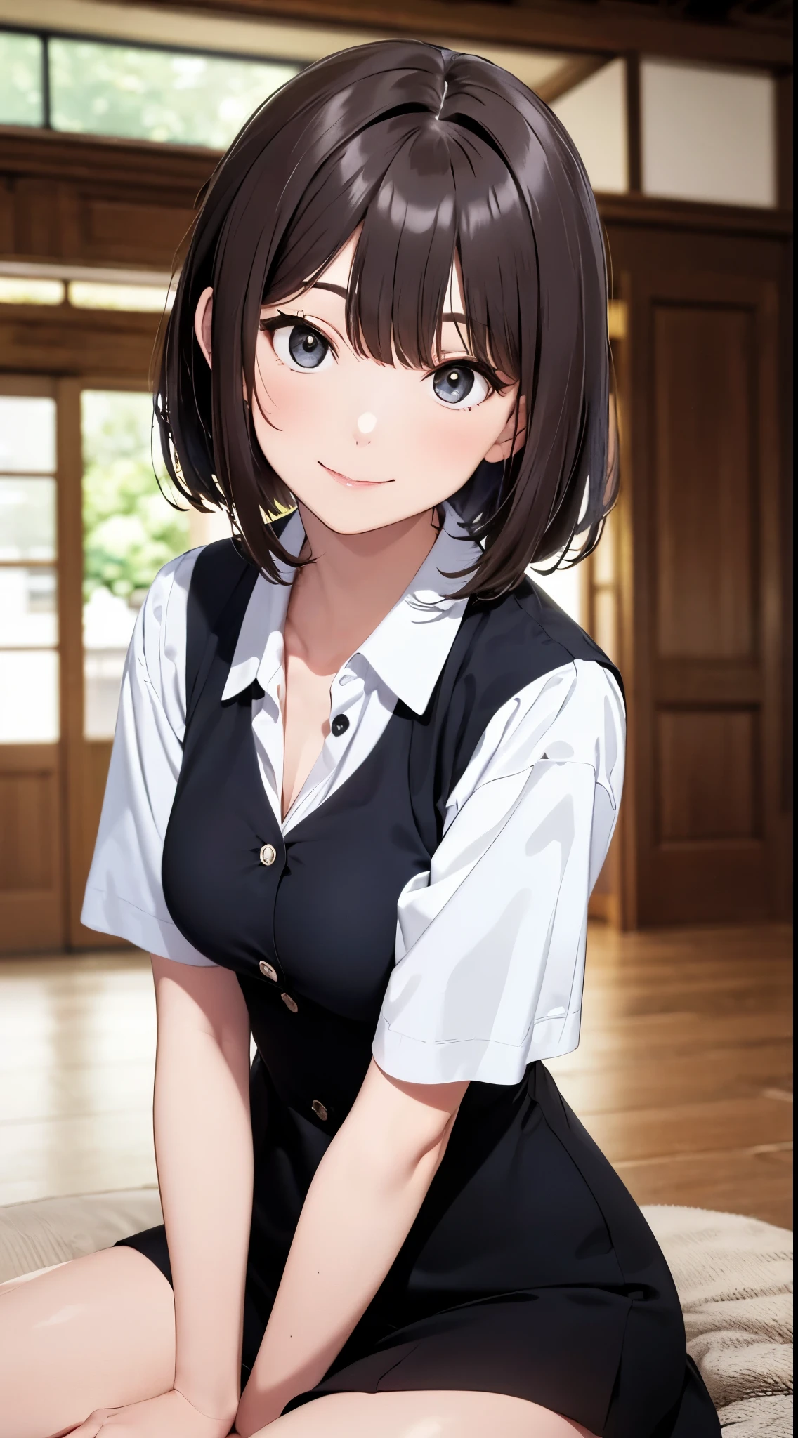 best quality, detailed face, highres, 1girl, middle breast, smile, black dress shirts, gray miniskirt, good anatomy, looking at viewer, soft focus, cinematic lighting, depth of field, ((happy expression)), middle hair, bare legs, outdoor, asymmetric hairstyle