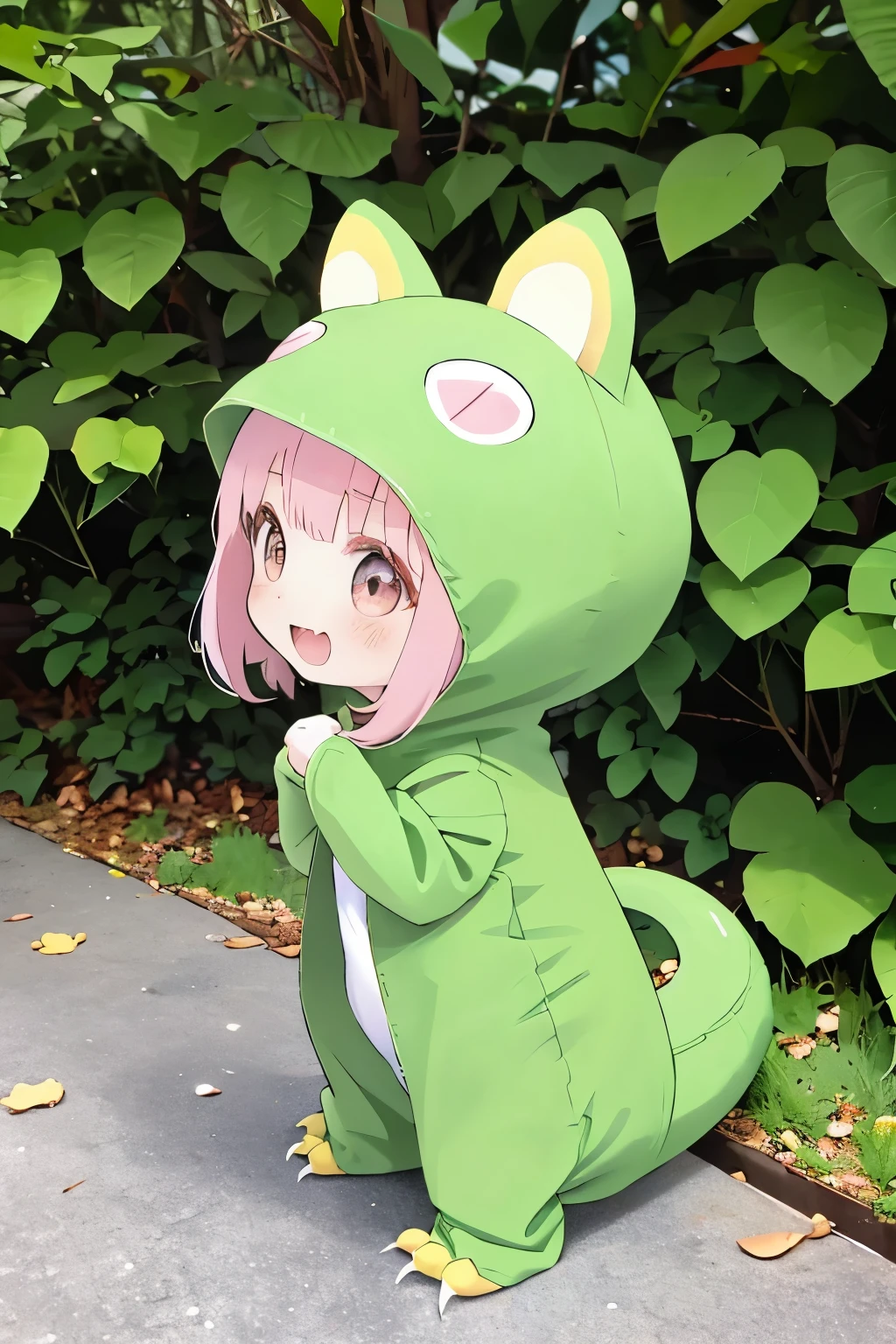 anime、Chibi girl wearing a deformed lizard costume、cute pose、Take a photo from the side、laughter