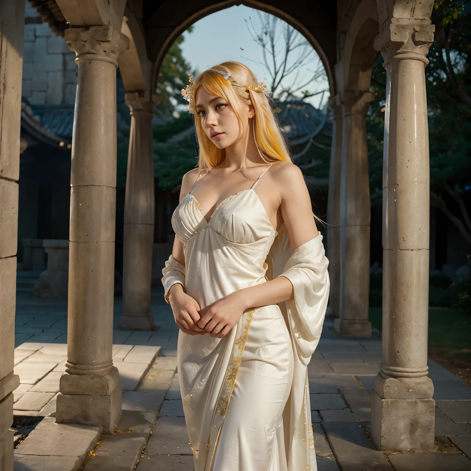 Imagine a unique character with rare features – white iris like Hinata from Naruto, yellow hair flowing gracefully, and lips adorned with a subtle, delicate rose hue. Bring together these elements to create a truly enchanting and one-of-a-kind portrait ,Under the soft glow of moonlight, shel pauses in front of an ethereal temple, draped in an exquisite gown that mirrors the serenity of the sacred architecture. Describe the scene, capturing the enchanting moment as she stands in quiet admiration, the temple's magnificence reflecting in her eyes.