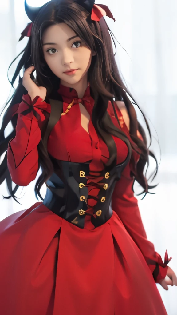 a woman in a red dress with horns and a black cat ears, rin tohsaka, anime girl with long hair, gothic maiden anime girl, anime style like fate/stay night, royal attire akira, from girls frontline, female anime character, full body xianxia, cute anime waifu in a nice dress, anime girl wearing a black dress