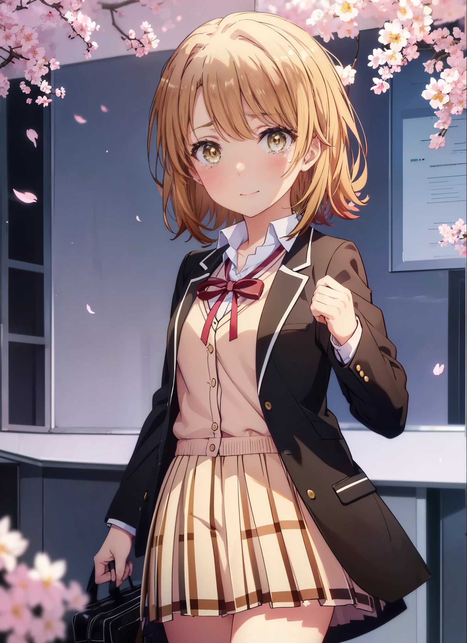 irohaisshiki, iroha isshiki, short hair, brown hair, (brown eyes:1.5), smile,blush,tears run down her face,Crying with joy,In his right hand he holds a bouquet containing many flowers.,left hand holds a barrel,Cherry blossoms are scattered,
break skirt, shirt, ribbon, school uniform, Jacket, white shirt, closed clothes, socks, open Jacket, black Jacket, plaid,, plaid skirt, blazer, cardigan, black socks, pink cardigan, sobu high school uniform,graduation ceremony,brown loafers,
break outdoors, In front of the school　Cherry blossom trees,
break looking at viewer,(cowboy shot:1. 5)
break (masterpiece:1.2), highest quality, High resolution, unity 8k wallpaper, (figure:0.8), (detailed and beautiful eyes:1.6), highly detailed face, perfect lighting, Very detailed CG, (perfect hands, perfect anatomy),
