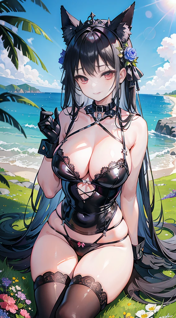 high quality, masterpiece, Super detailed, 1 girl,  Extremely detailed faces, Christmas black lace latex bikini，black gloves，black stockings，，Maid tiara，BDSM,handcuffs，collar，calm expression,Smile，handcuffs，collar，long black hair, charming pink eyes, fox ears, Ridiculously big, shiny skin, Sitting on a sea of flowers，Bright sea of flowers，grassland，seaside