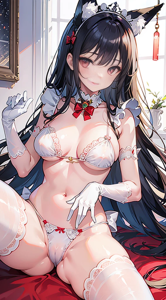 high quality, masterpiece, Super detailed, 1 girl,  Extremely detailed faces, Christmas white lace latex bikini，white gloves，White Christmas stockings，red lantern，red christmas carpet，Maid tiara，BDSM,handcuffs，collar，calm expression,Smile，handcuffs，collar，long black hair, charming pink eyes, fox ears, Ridiculously big, shiny skin, Lying in bed，Bright Christmas decorated room