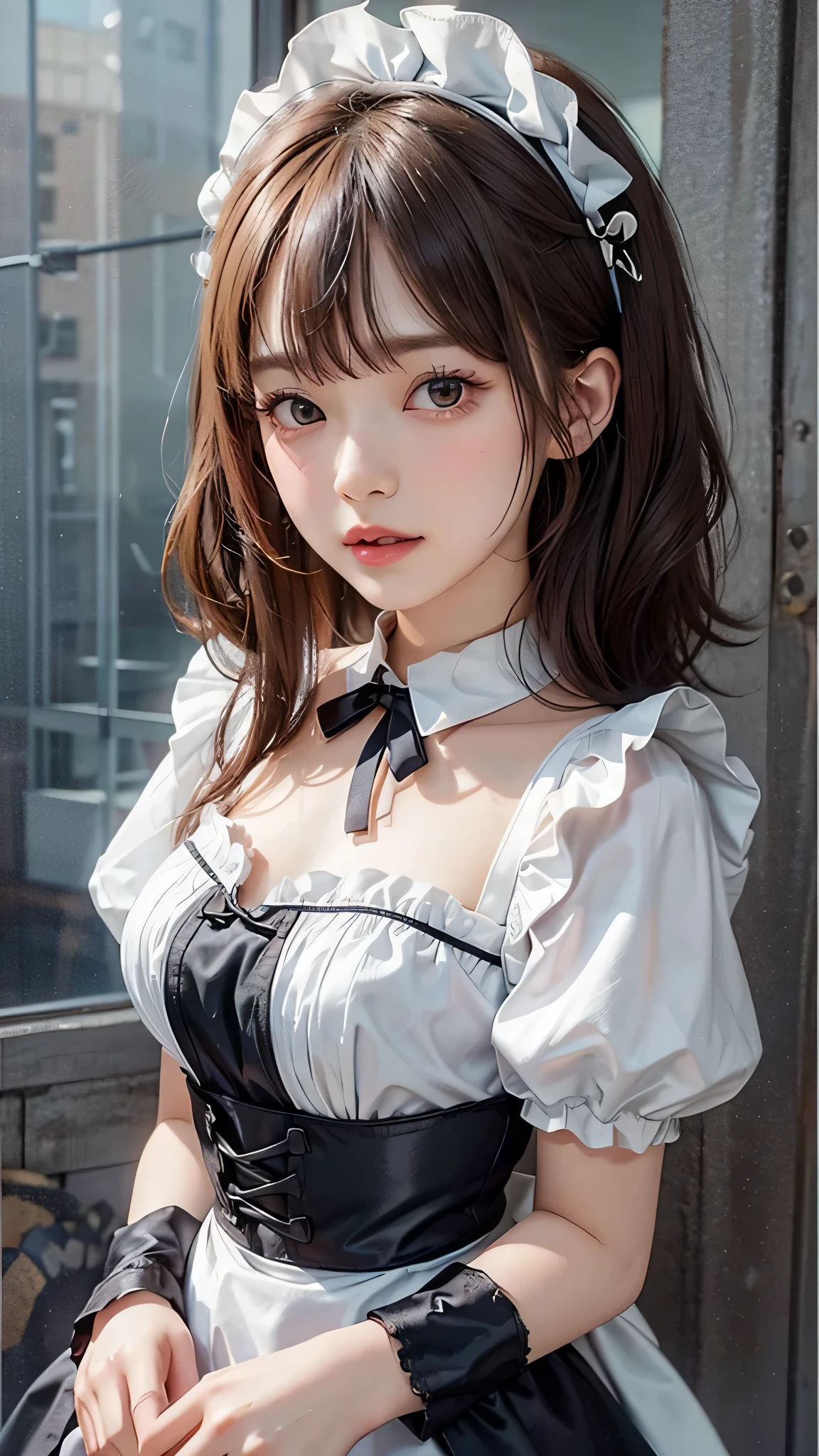 masutepiece, Best Quality, One girl, (Beautiful Girl:1.3), (16 years old:1.2), Very fine eye definition, (Symmetrical eyes:1.3), (Maid costume, Cute Maid, Moe Maid:1.2), Beautiful breasts, Brown eyes, Parted bangs, Brown hair