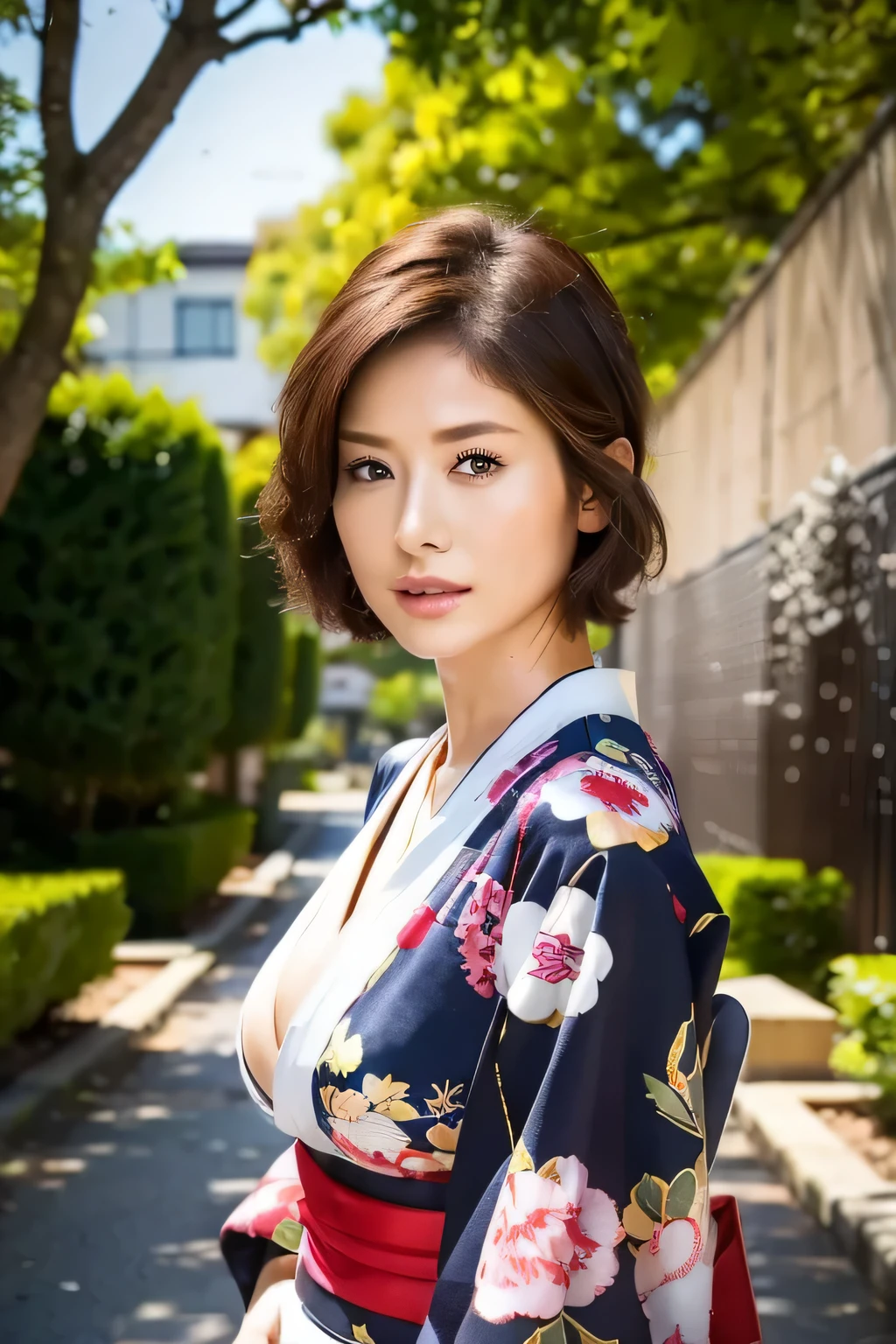 ((highest quality, 8k, masterpiece: 1.3)), sharp focus: 1.2, beautiful woman with perfect figure: 1.4, (kimono), street tree, Highly detailed face and skin texture, fine eyes, (lips), dark brown hair,big breasts,