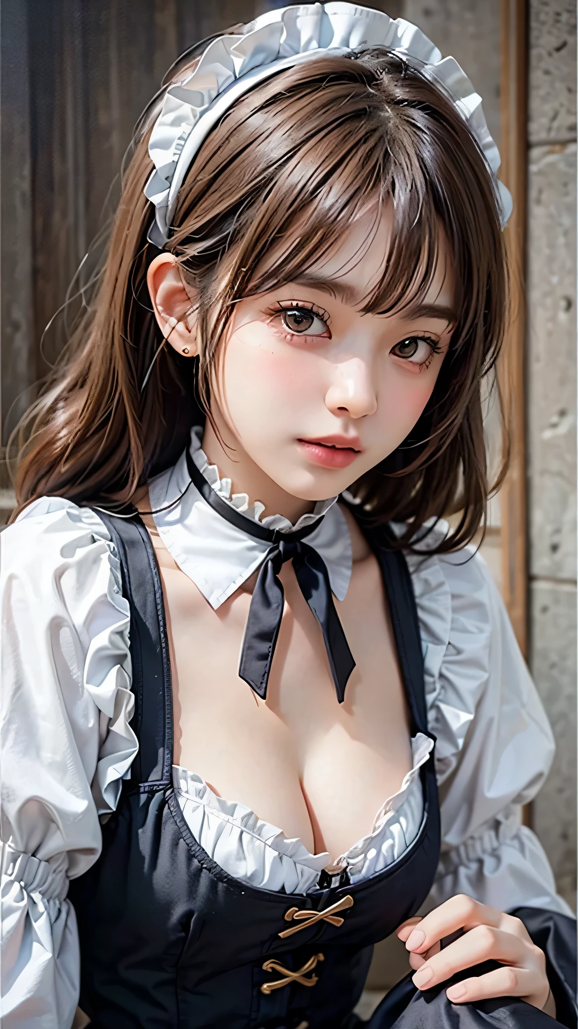 Beautiful white and shining skin、Chestnut hair that changes depending on the light、Long bangs between the eyes that obstruct the view、Cheek gloss highlights、Sexy and very beautiful nice gorgeous face、the most beautiful face in the world、short bob、Smooth straight hair、medium breasts、Big and bright eyey eyes are shining、beautiful bangs、Beautiful and beautiful woman、small face beauty、headdress、white blouse、black ribbon、ruffle skirt、puff sleeves、collar、choker、white apron with fine frills、black maid costume、realistic portrait、
