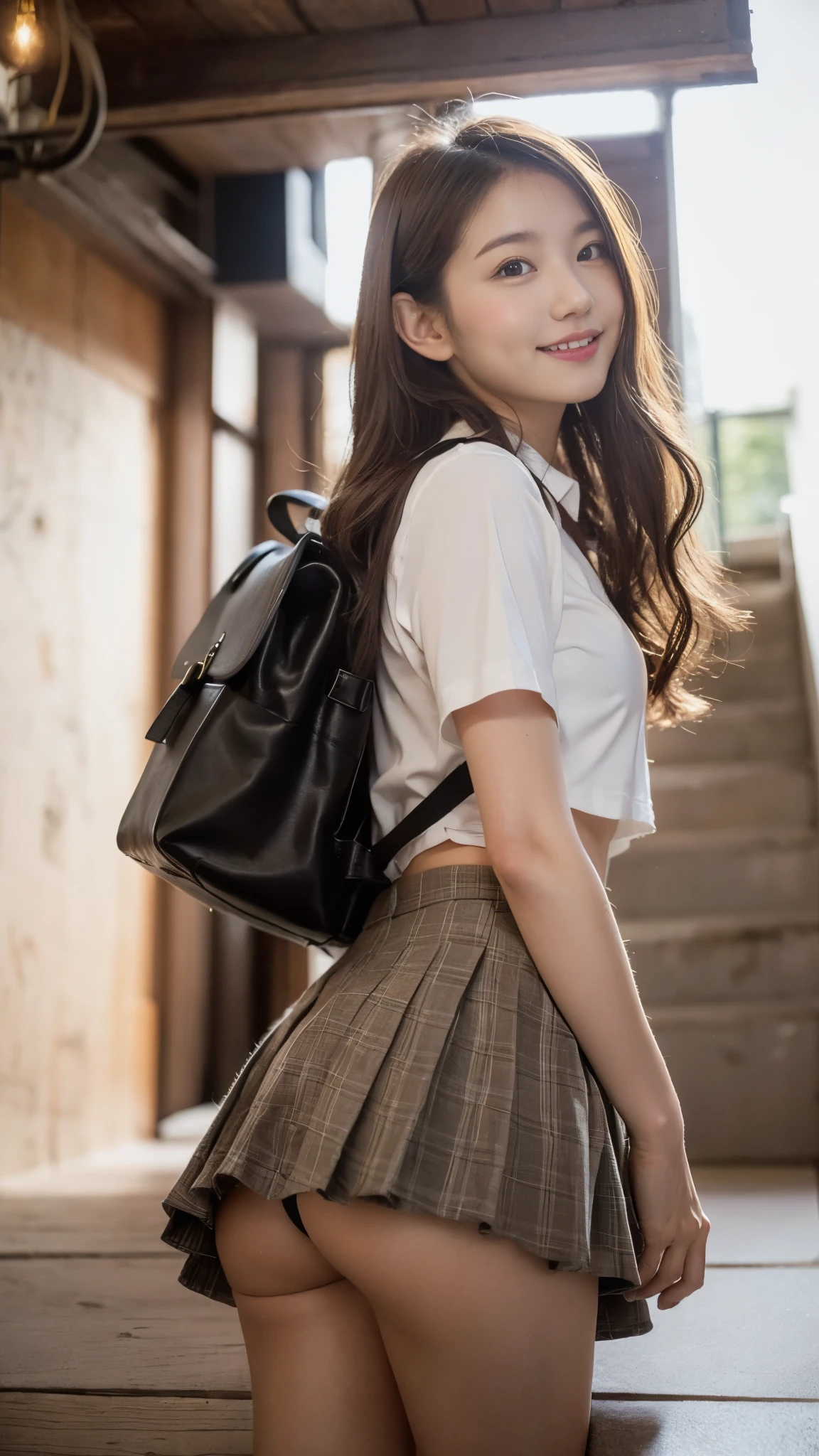 High school girl standing on the school stairs,short sleeve white blouse,Very short red plaid miniskirt:1.2,18-year-old,bangs,a little smile,thighs,knees,from below，random pose，pretty girl，slender girl，white panties，Short-cut blonde，short side waves，carrying a black backpack、buttocks are exposed a lot、buttocks half exposed、