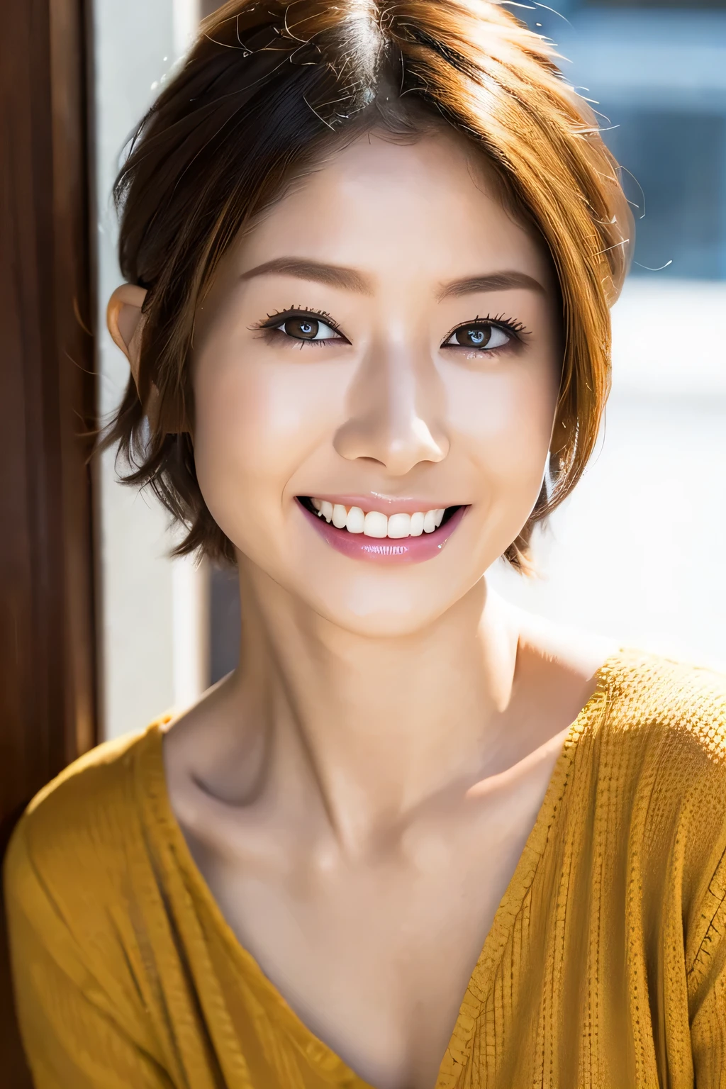 (Photoreal:1.4), (surreal:1.4), (smooth lighting:1.05), 1 girl, (sad:1.4), mouth is slightly open, pure beauty, 22 years ago, soft lighting, Backlight, (cheerfulness:1.2), (Finest realistic skin texture), narrow eyes, super detailed face, glowing skin, retina, anatomically correct, acura, Super detailed, rough skin, high quality, advanced details, 最high quality, High resolution, short hair, blouse