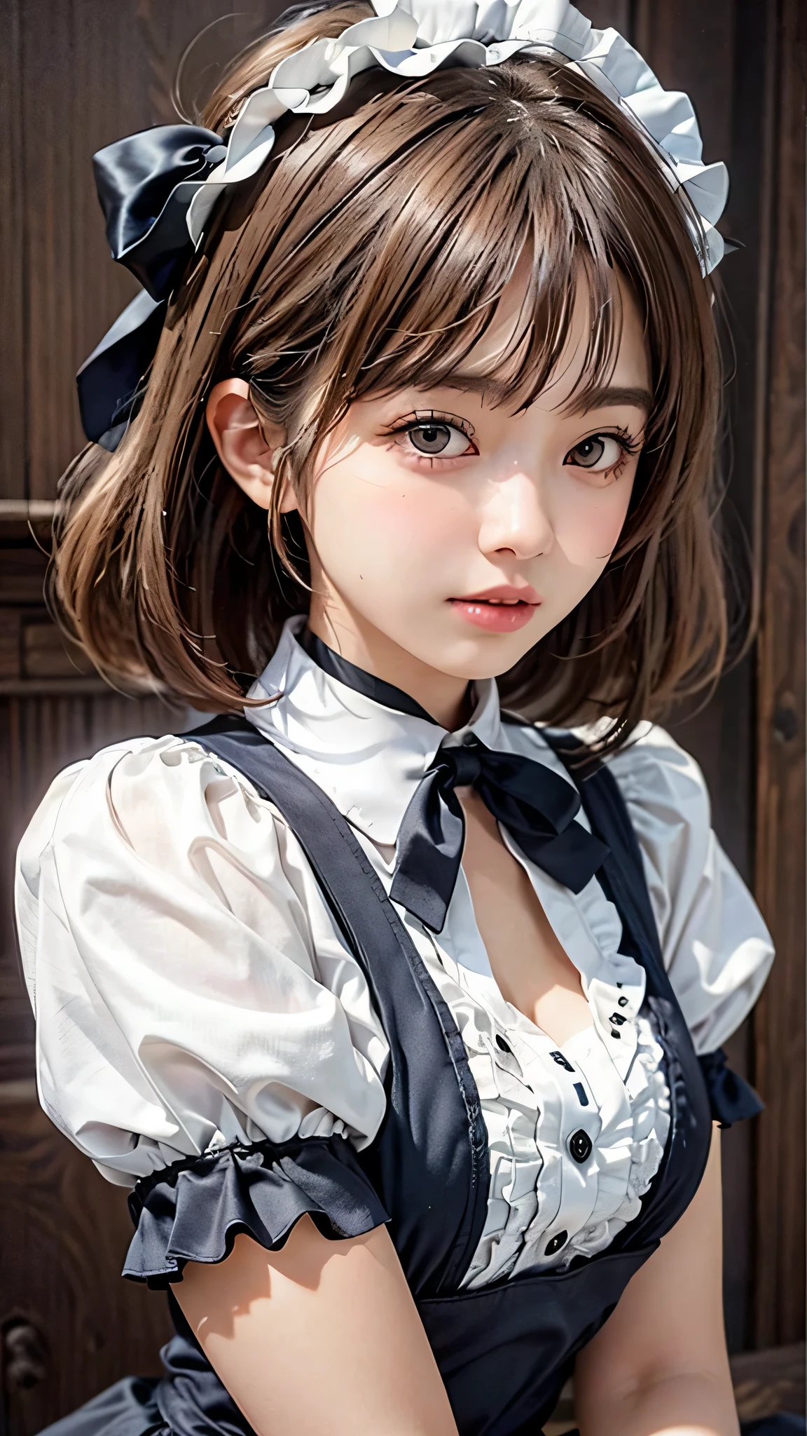 (8K, Raw photo, Best Quality, masutepiece:1.2), high-definition RAW color photography, professional photograpy, cowboyshot, (Realistic, photographrealistic:1.37), ((Best Quality)), 1womanl, Cinematic Light, (finerly detailed face:1.2), (masutepiece:1.5), (Best Quality:1.2), (Mole:0.8), (Smiling:0.9), (Looking at Viewer:1.2), bowtie, (Detailed Maid:1.2), breasts on table