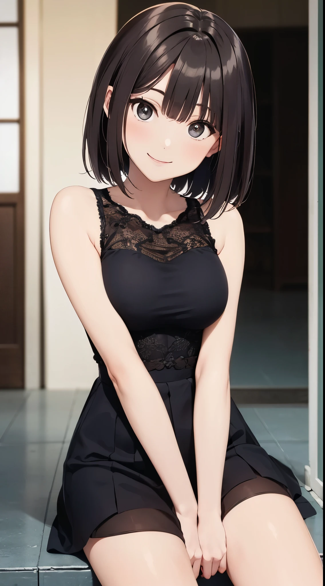 best quality, detailed face, highres, 1girl, middle breast, smile, black dress , gray miniskirt, good anatomy, looking at viewer, soft focus, cinematic lighting, depth of field, ((happy expression)), middle hair, bare legs, outdoor, asymmetric hairstyle, Three-Quarter Angle