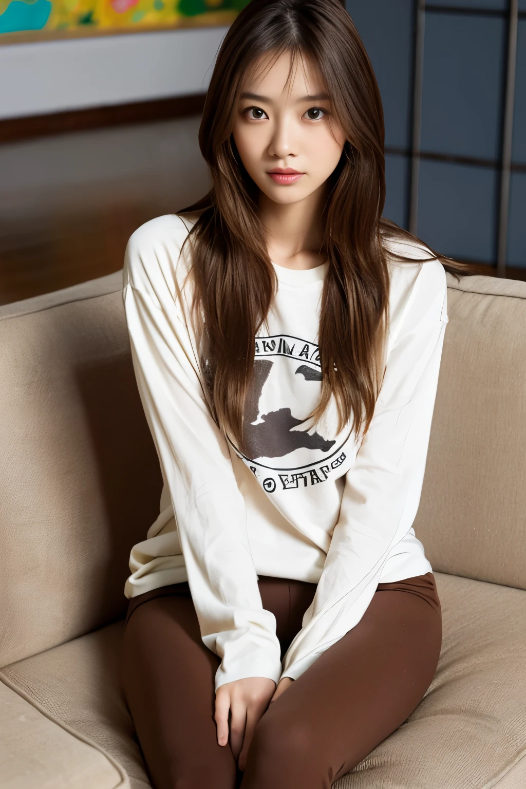 young japanese woman、slim、slender、brown hair、messy hair, lost in my own world, leaning on the sofa in her living room, Wearing yoga pants and a long-sleeved T-shirt, Surrounded by a stylish living room background,Very relaxed、high resolution、High resolution、realistic、realistic skin texture