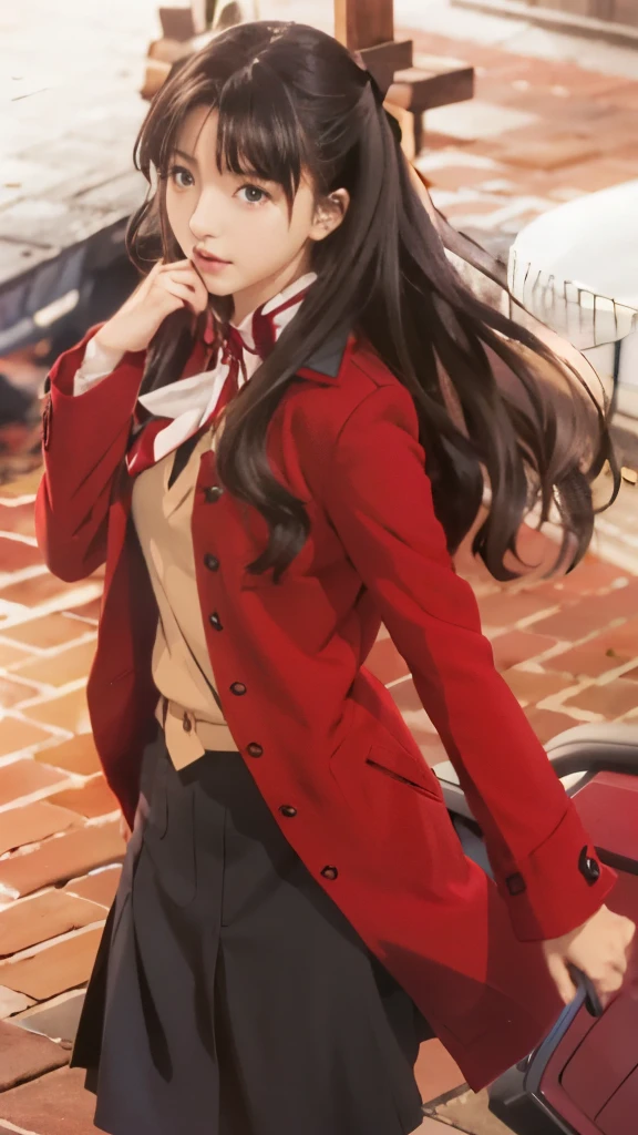 anime, a girl in a red coat and a black skirt, rin tohsaka, anime visual of a cute girl, anime key visual of elegant, anime visual of a young woman, anime style like fate/stay night, marin kitagawa fanart, inspired by Hisui Sugiura, megumin, key visual, inspired by Tomioka Tessai