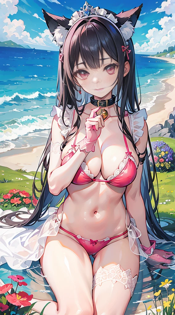 high quality, masterpiece, Super detailed, 1 girl, Extremely detailed faces, Christmas pink lace latex bikini,pink gloves,pink stockings,,Maid tiara,BDSM,handcuffs,collar,calm expression,Smile,handcuffs,collar,long black hair, charming pink eyes, fox ears, Ridiculously big, shiny skin, Sitting on a sea of flowers,Bright sea of flowers,grassland,seaside