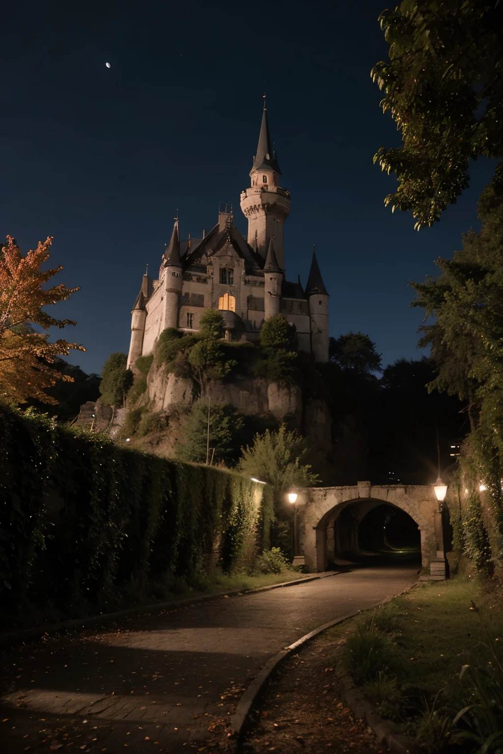 Forest at night dyed red. old castle and bat