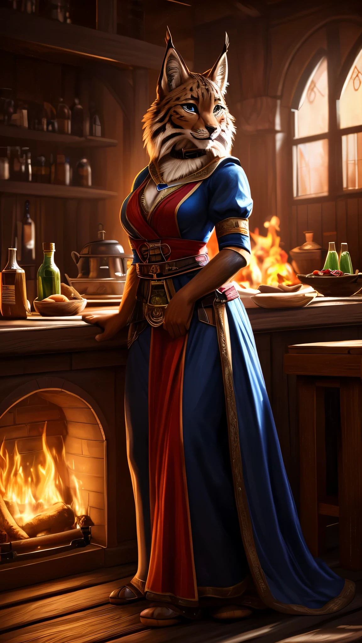 (A woman's face with)beautiful detail eyes, (pa)beautiful detailed lips, (A woman with)Extremely detailed eyes and face, long eyelashes, (The woman) with a seductive fitness body, (a) grey fur, (with) Lynx ears, (em) tavern, (wearing) fantasy clothes, (character) cooking . (Best Quality,4k,8K,hight resolution,Masterpiece:1.2), Ultra-detailed, (Realistic,Photorealistic,photo-realistic:1.37), HDR, UHD, Torchlight, ultra-fine painting, physical based rendering, extreme detail description, Professional, Vivid colors, bokeh, (em) full-length portrait, landscape, photografic, Concept Artists (style of), (with a) vibrant color palette, (pa) soft-lighting.