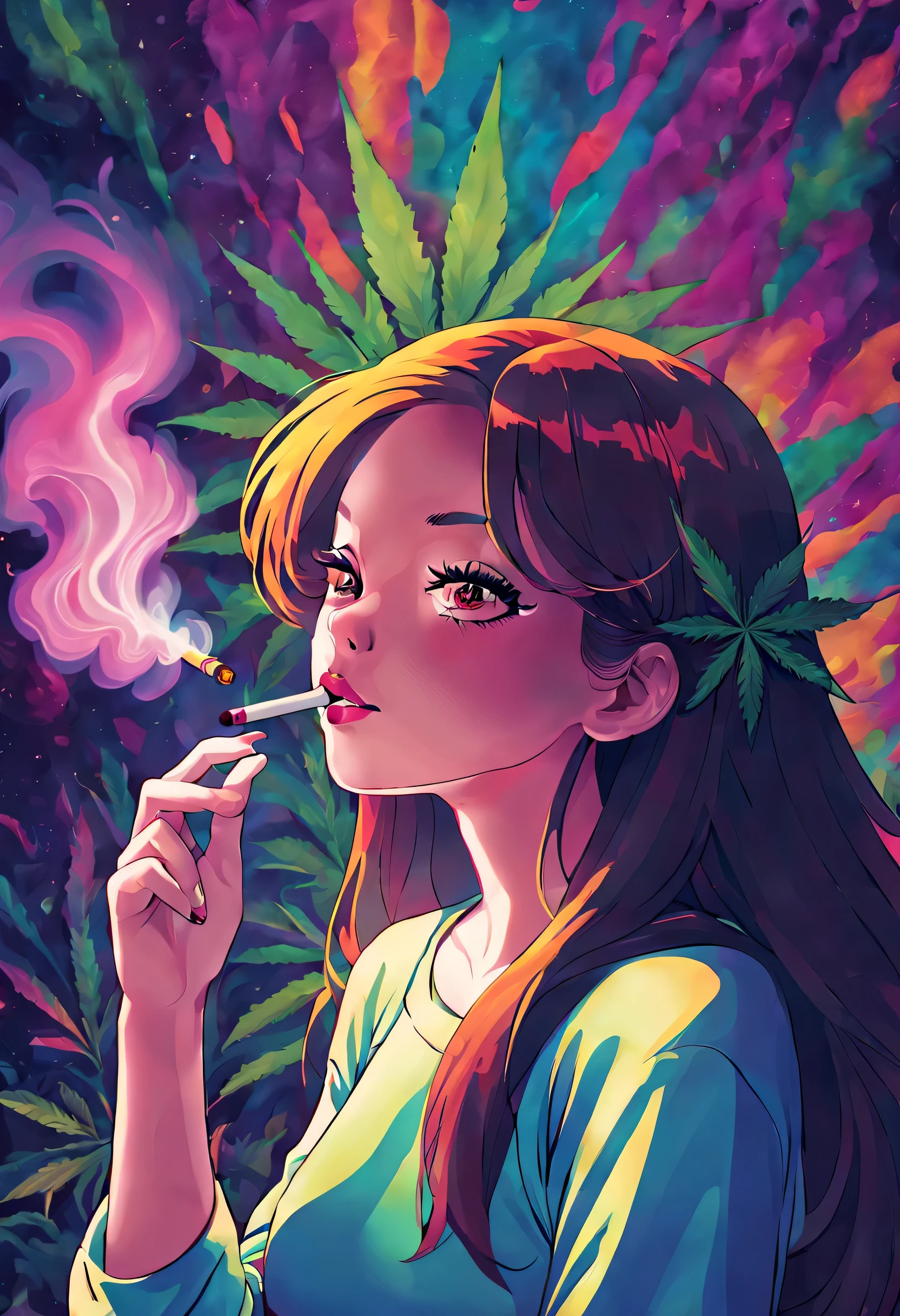 text "Mary Jane" with a girl smoking a joint of THC, psychedelic colors, trippy patterns, vibrant and surreal, cannabis culture, relaxing vibes, mind-altering experience, swirling smoke, hazy atmosphere, vibrant colors, glowing and pulsating, a sense of euphoria, cosmic energy