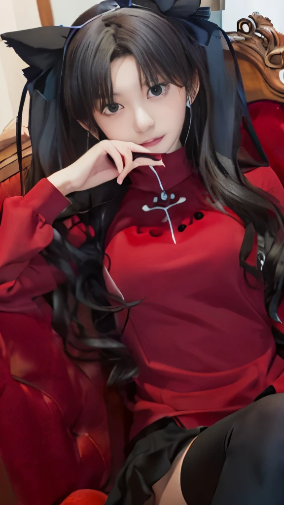 a woman sitting in a chair with a cat ears on her head, rin tohsaka, satoshi kon artstyle, satoshi kon anime, style of satoshi kon, rumiko, gapmoe yandere, nico robin, shuushuu anime image, inspired by Satoshi Kon, anime visual of a young woman, umineko, anime cover